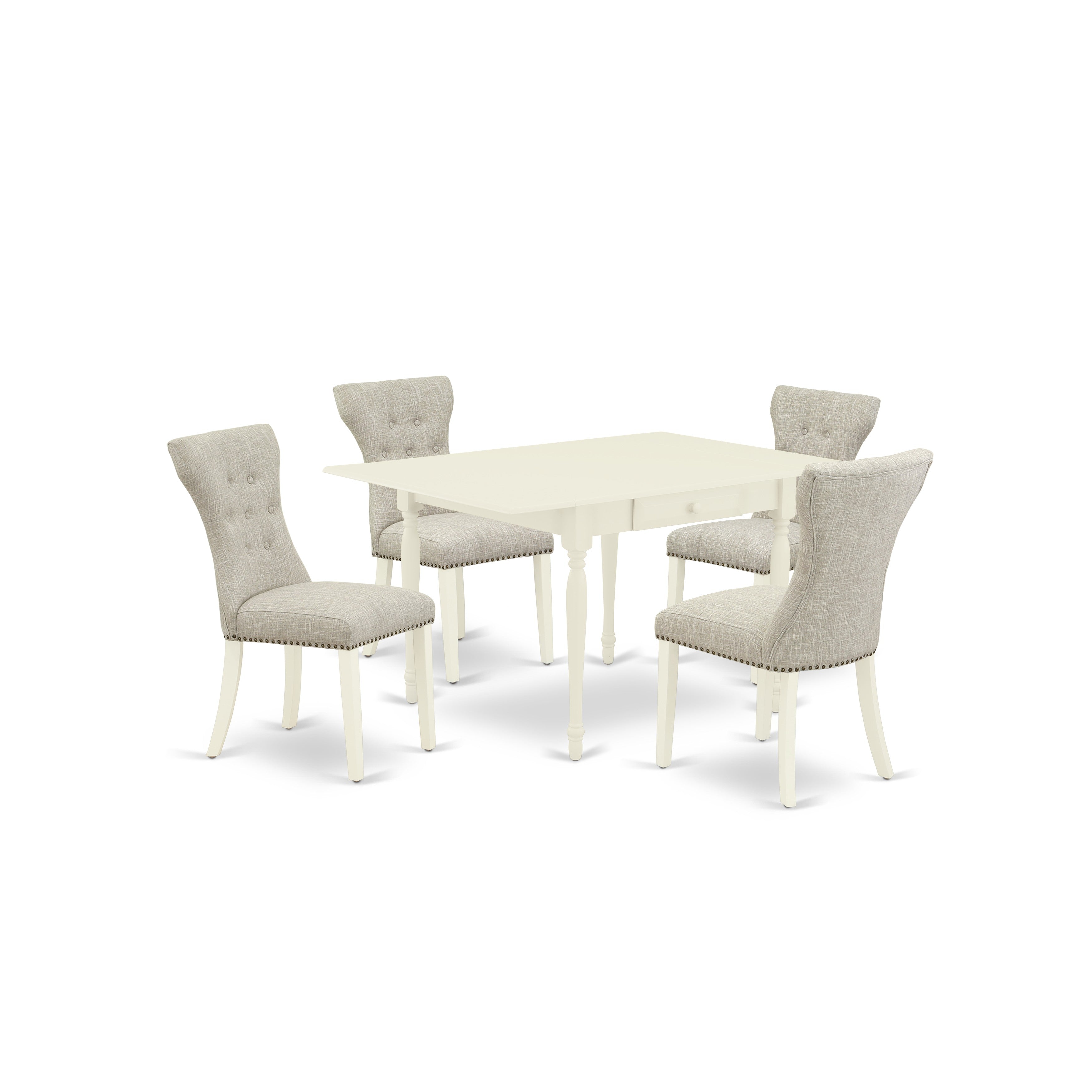 Juego de comedor de 5 piezas East West Furniture MZGA5-LWH-35. Incluye una mesa de comedor rectangular con alas abatibles y 4 sillas Parson tapizadas en tela de lino y piel de venado.