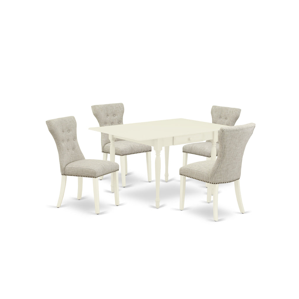 Juego de comedor de 5 piezas East West Furniture MZGA5-LWH-35. Incluye una mesa de comedor rectangular con alas abatibles y 4 sillas Parson tapizadas en tela de lino y piel de venado.