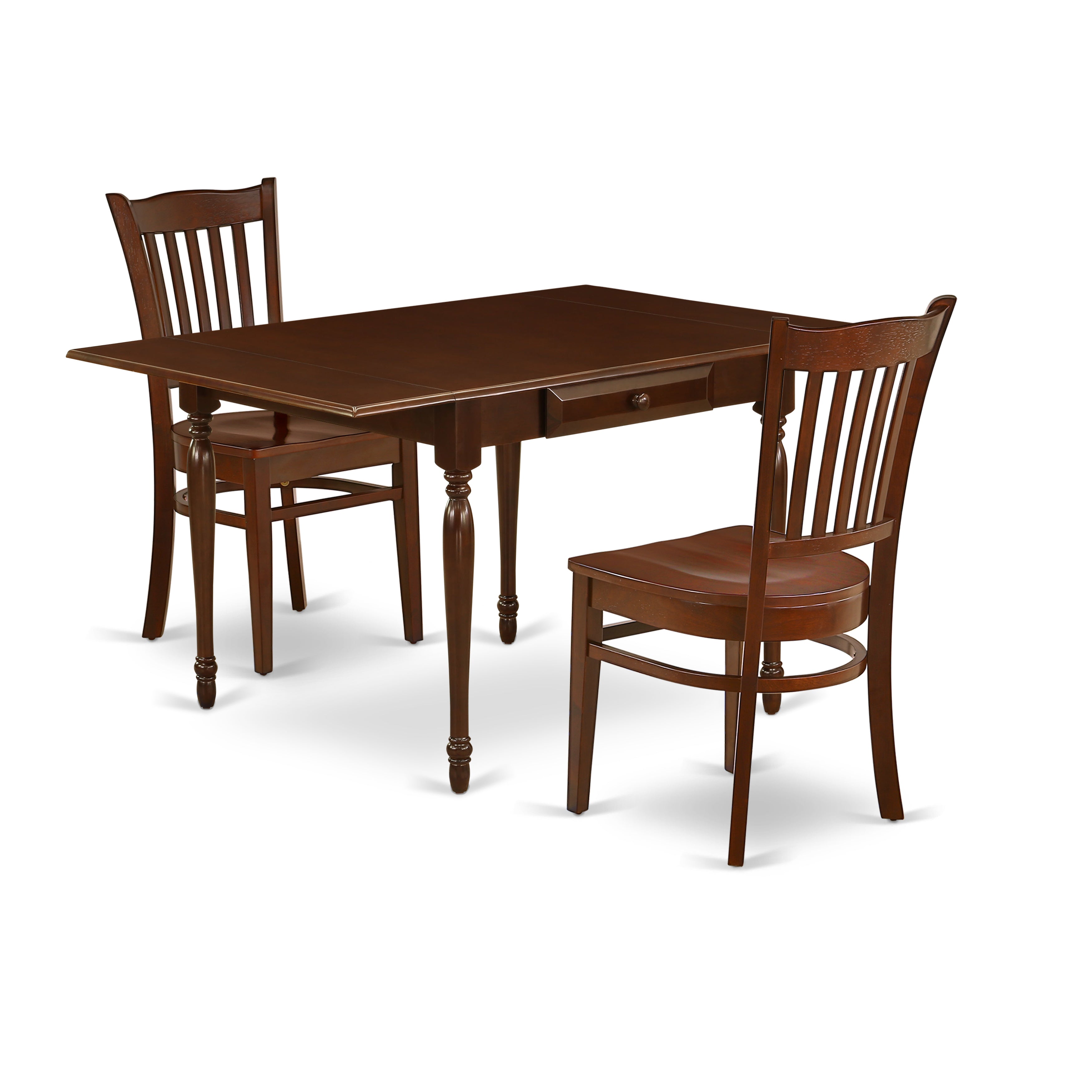 Juego de comedor de 3 piezas East West Furniture MZGR3-MAH-W para espacios pequeños. Incluye una mesa de comedor rectangular con alas abatibles y 2 sillas de comedor de cocina.