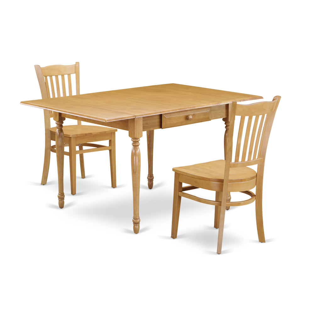 Juego de comedor de 3 piezas East West Furniture MZGR3-OAK-W. Incluye una mesa de comedor rectangular con alas abatibles y 2 sillas con asiento de madera.