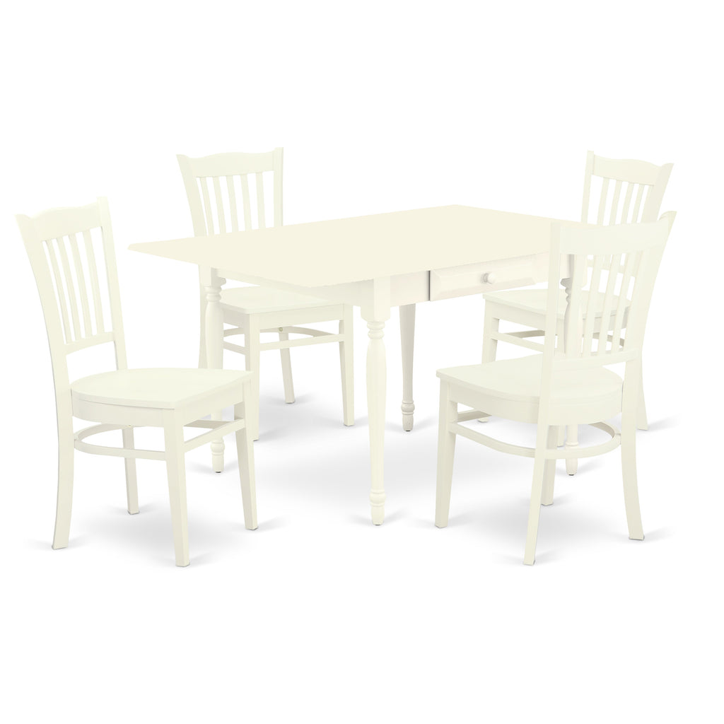 Juego de comedor de 5 piezas East West Furniture MZGR5-LWH-W. Incluye una mesa de comedor rectangular con alas abatibles y 4 sillas de cocina.