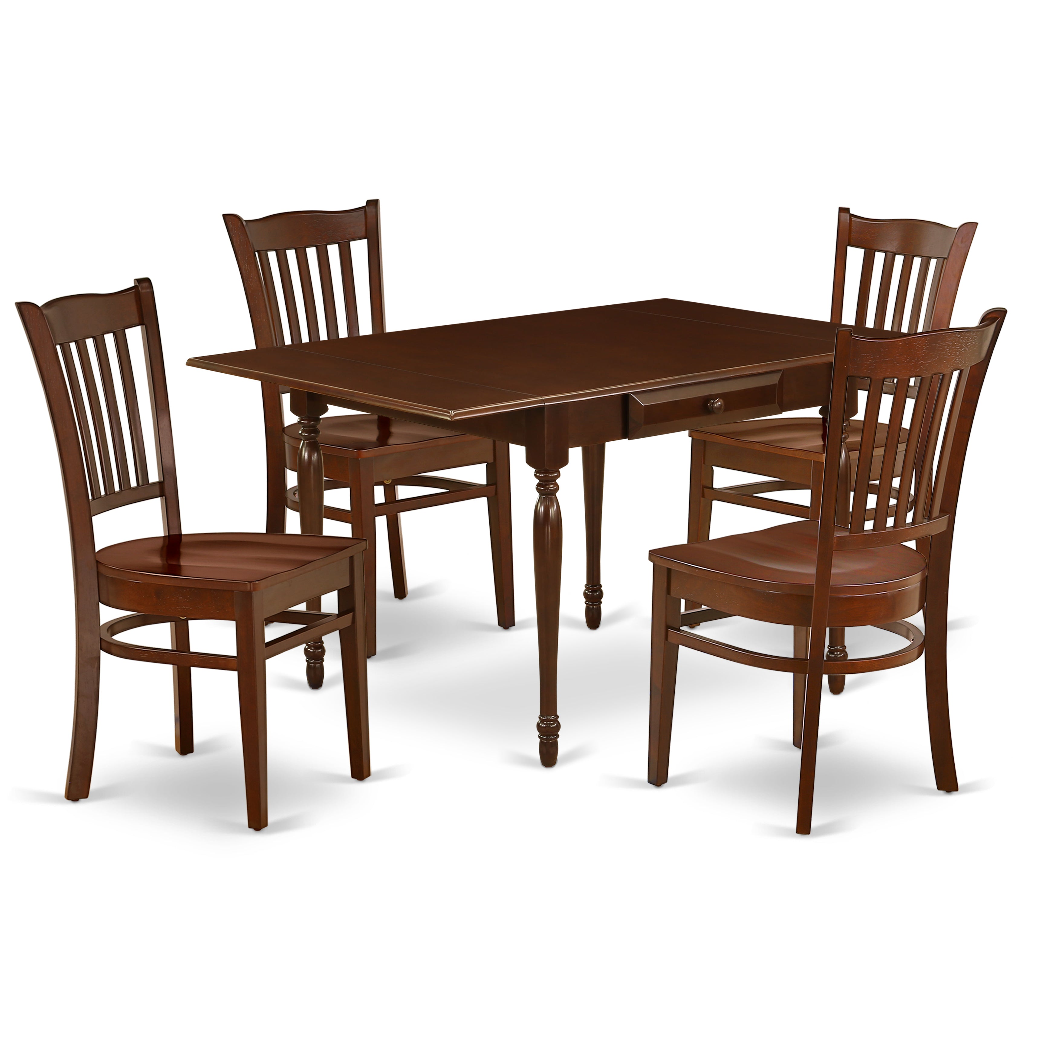 East West Furniture MZGR5-MAH-W 5 Pieces Dining set - Durable Two 9-Inch Drop Down Leaves Solid Wood Kitchen Table and 4 Solid Wood Seat Modern Dining Chairs, Mahogany Finish