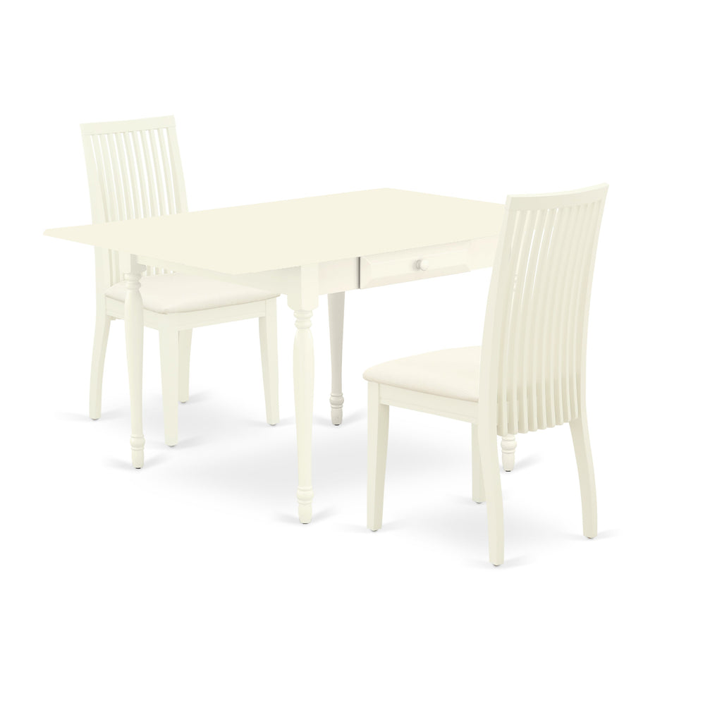 East West Furniture MZIP3-LWH-C 3 Piece Dining Room Table Set  Contains a Rectangle Kitchen Table with Dropleaf and 2 Linen Fabric Upholstered Dining Chairs, 36x54 Inch, Linen White