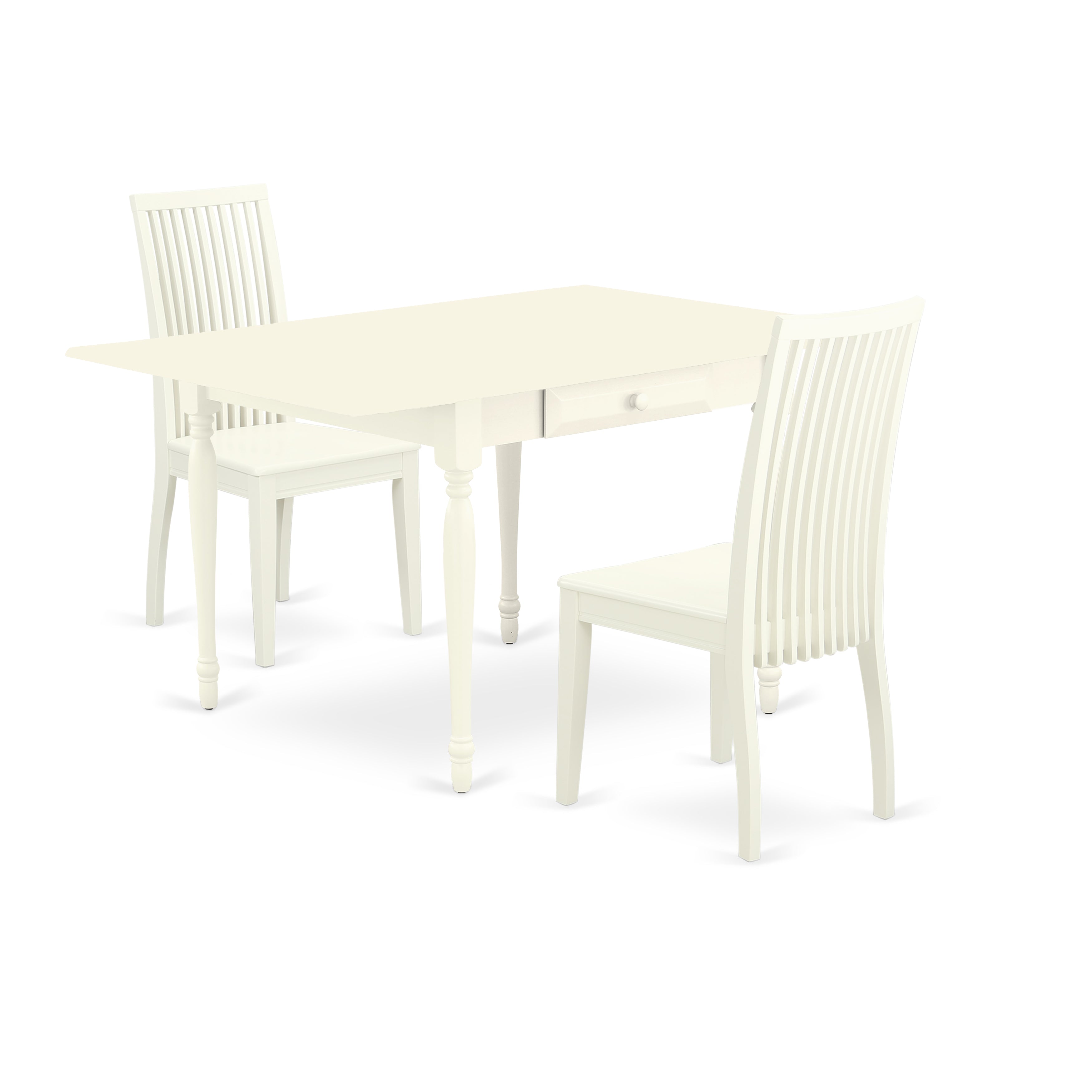 Juego de mesa de cocina de 3 piezas East West Furniture MZIP3-LWH-W para espacios pequeños. Incluye una mesa de comedor rectangular con alas abatibles y dos sillas de comedor.