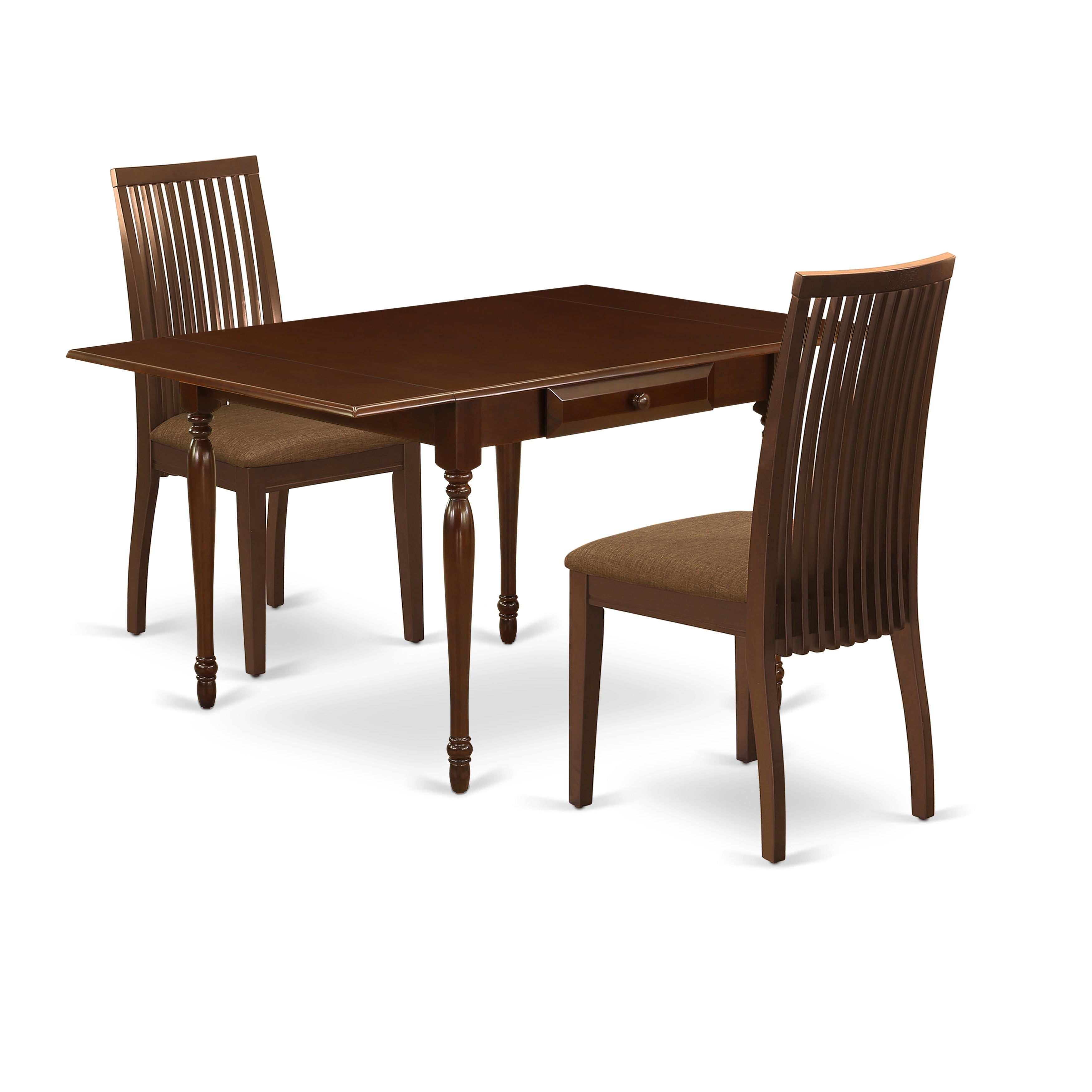 East West Furniture MZIP3-MAH-C 3 Pc Wood Dining Table set - Heavy Duty Two 9-Inch Drop Down Leaves Real Wood Dinette Table and 2 Linen Fabic Seat Wood Dining Chairs, Mahogany Finish