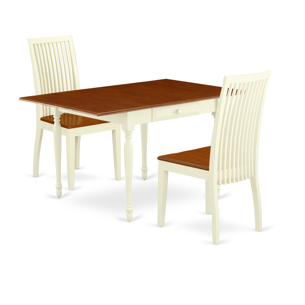 East West Furniture MZIP3-WHI-W 3 Piece Dining Room Table Set  Contains a Rectangle Kitchen Table with Dropleaf and 2 Dining Chairs, 36x54 Inch, Buttermilk & Cherry