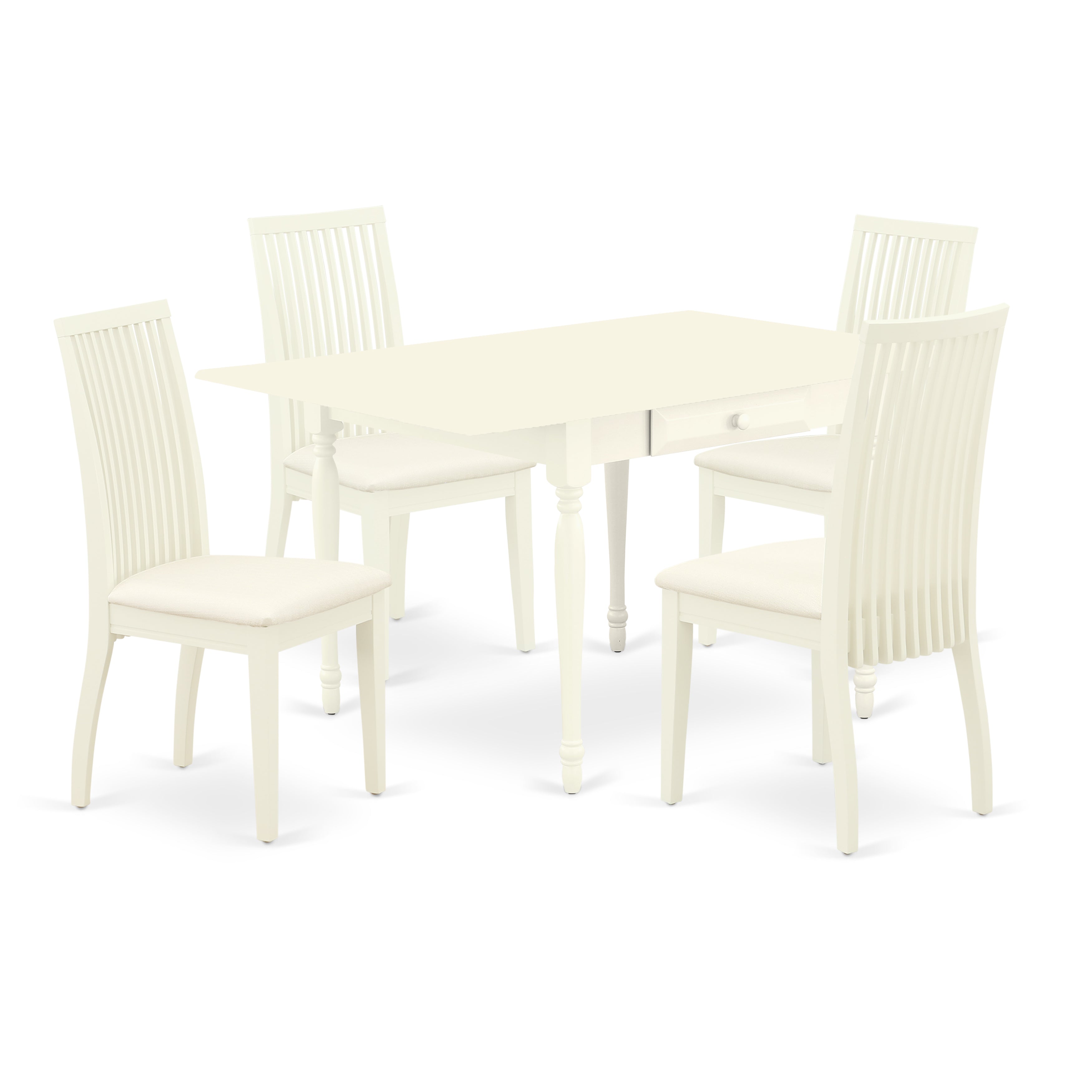 East West Furniture MZIP5-LWH-C 5 Pieces Dining Table set - Strong Drop Leaf Wooden Dining Room Table and 4 Linen Fabic Seat Dining Room Chairs, Linen White Finish