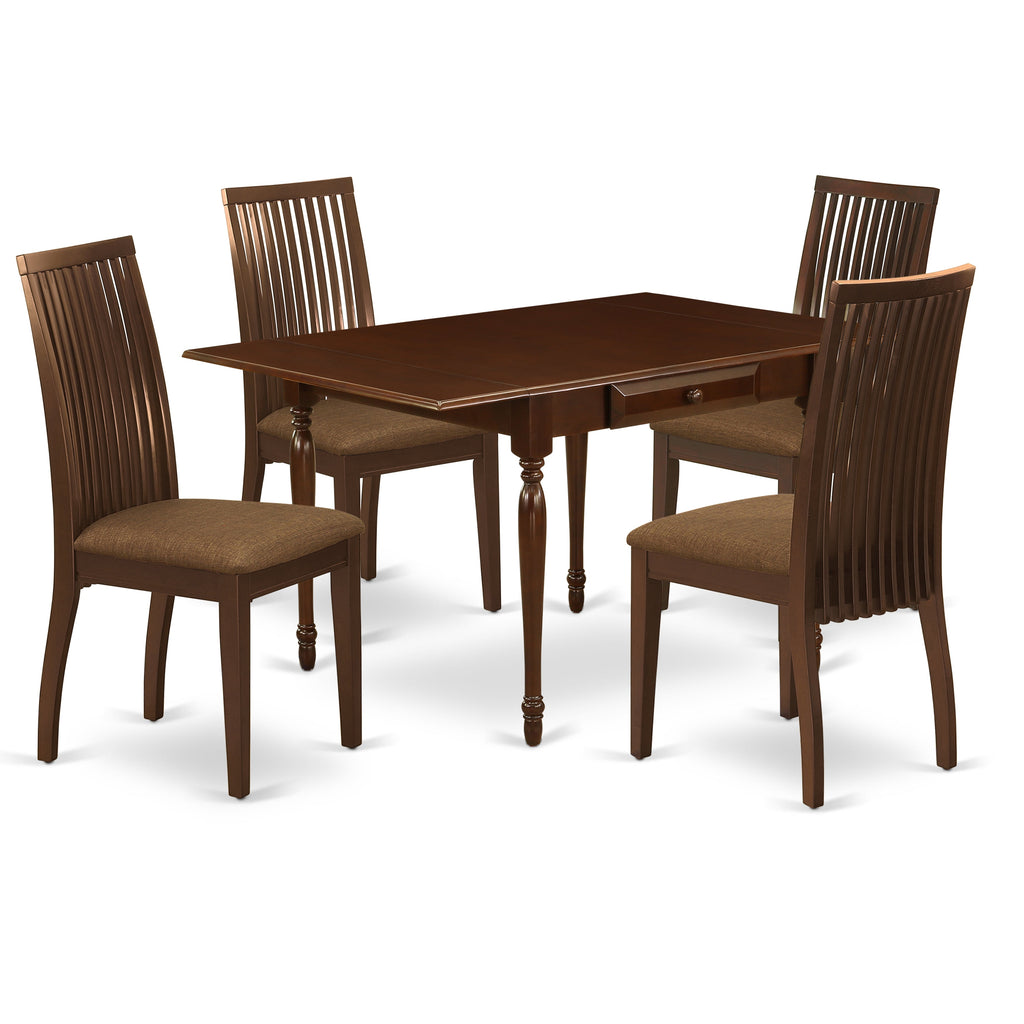 El juego de mesa y sillas de cocina East West Furniture MZIP5-MAH-C de 5 piezas incluye una mesa de comedor rectangular con alas abatibles y 4 sillas de comedor de tela de lino.