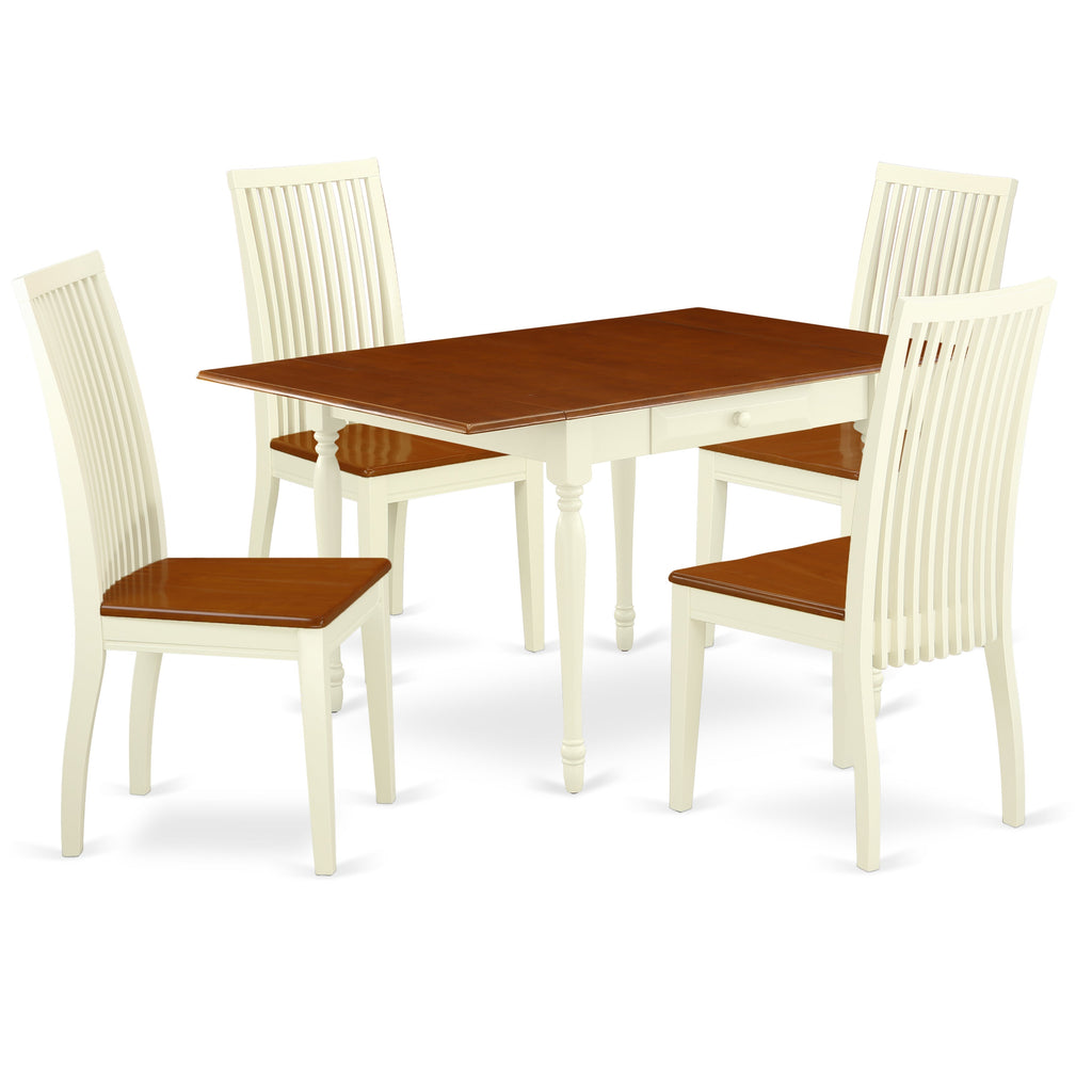El juego de comedor de 5 piezas East West Furniture MZIP5-WHI-W incluye una mesa de comedor rectangular con alas abatibles y 4 sillas con asiento de madera.