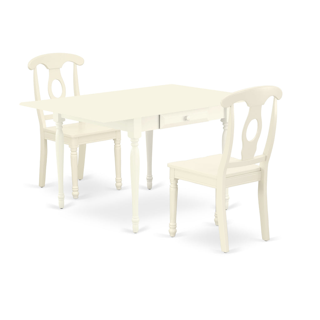 Juego de mesa y sillas de cocina de 3 piezas MZKE3-LWH-W de East West Furniture. Incluye una mesa de comedor rectangular con alas abatibles y 2 sillas de comedor.