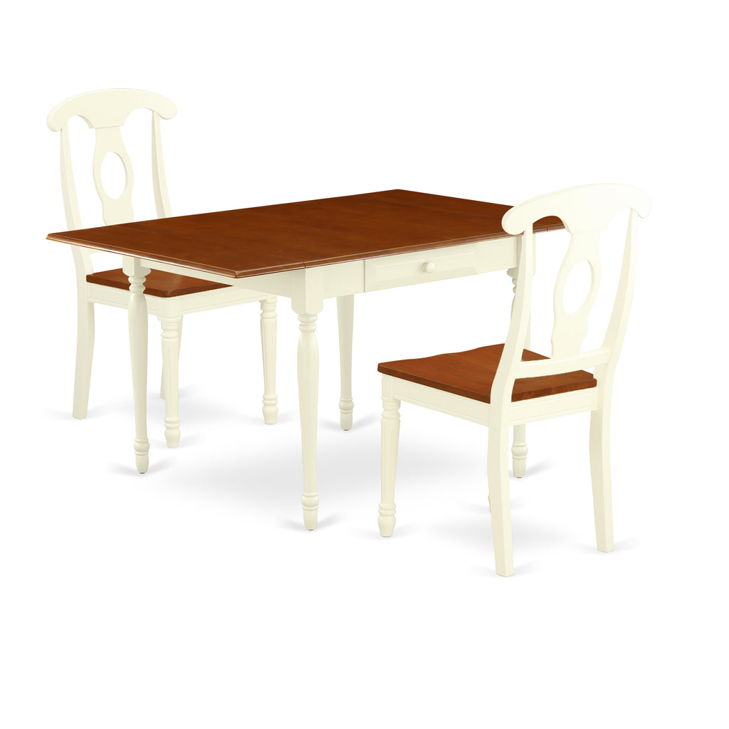 Juego de mesa de comedor de 3 piezas East West Furniture MZKE3-WHI-W para espacios pequeños. Incluye una mesa de comedor rectangular con alas abatibles y dos sillas con asiento de madera.