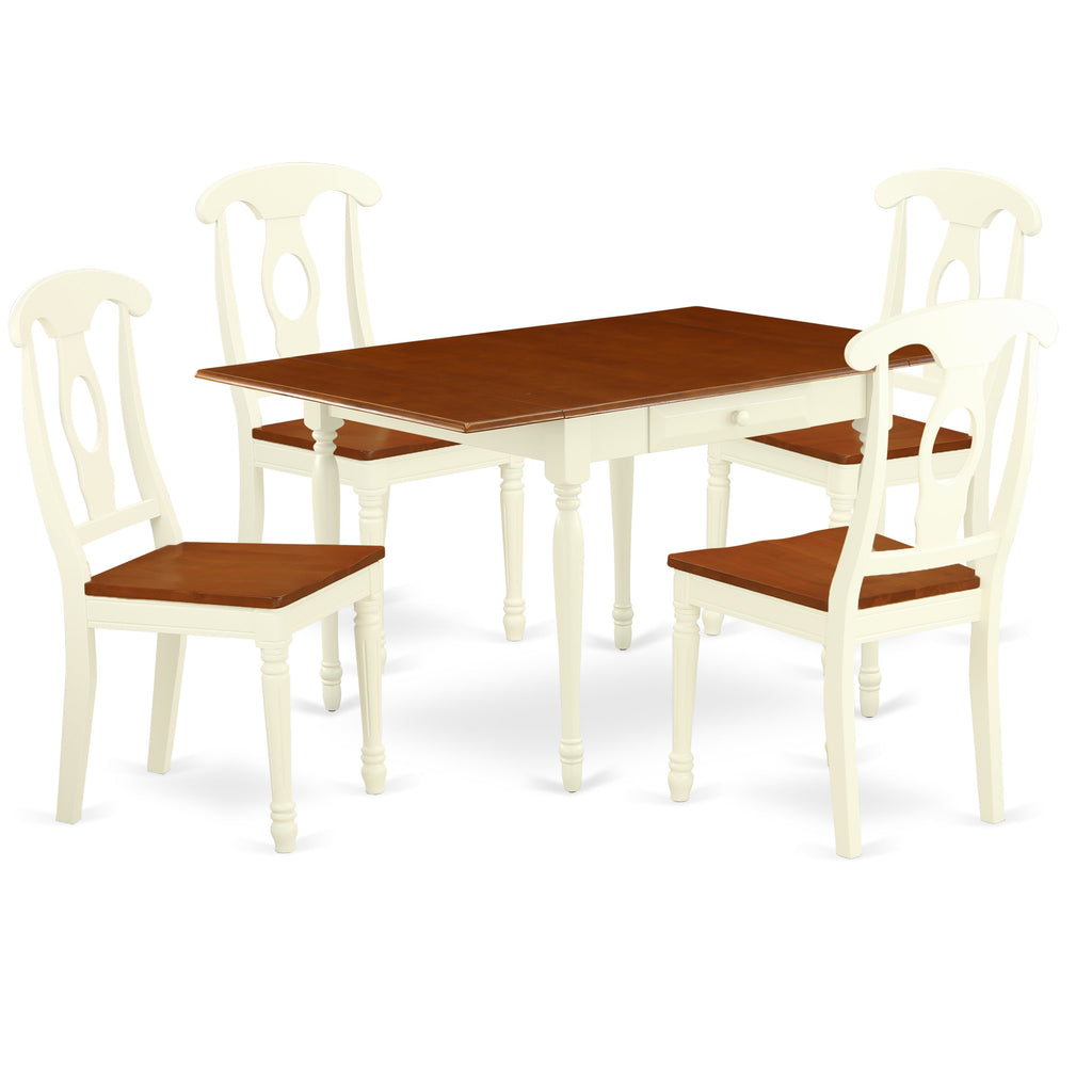El juego de comedor de 5 piezas East West Furniture MZKE5-WHI-W incluye una mesa de comedor rectangular con alas abatibles y 4 sillas con asiento de madera.