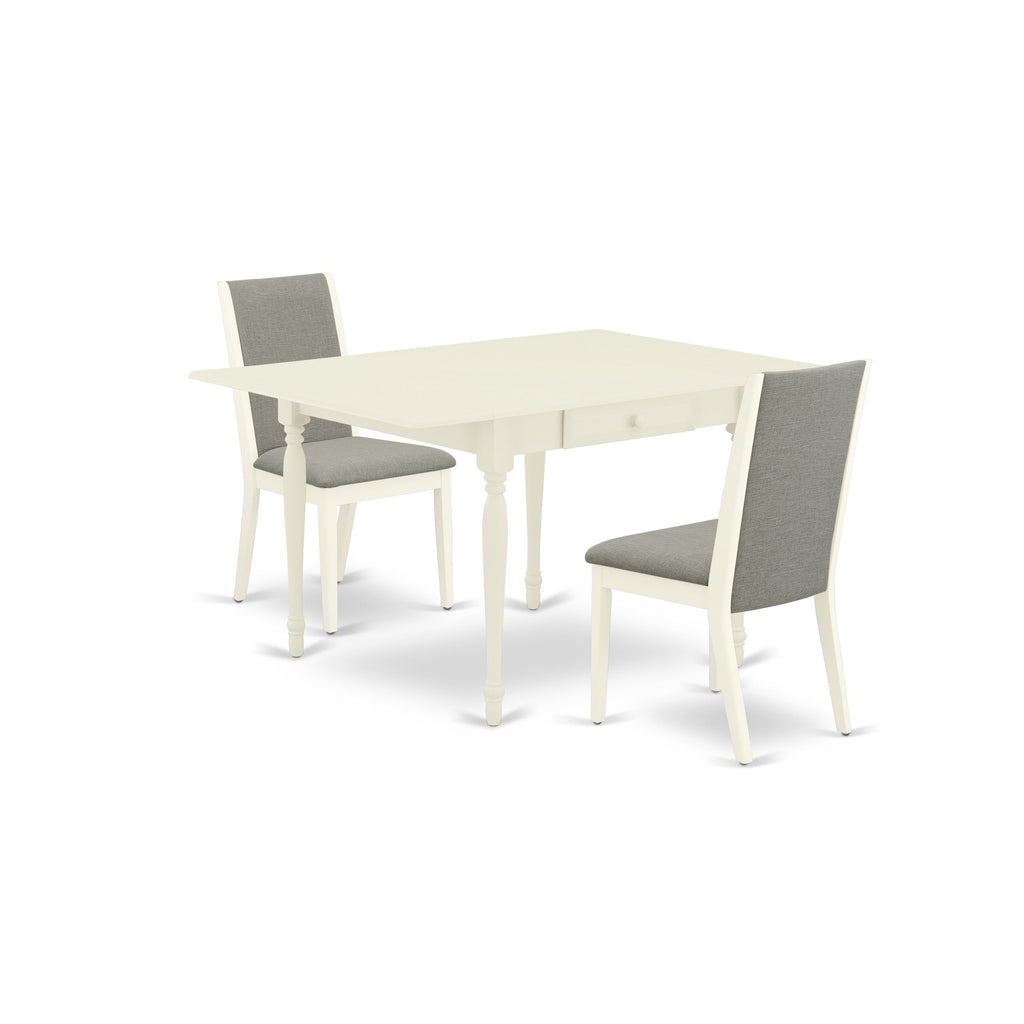 Juego de mesa y sillas de cocina de 3 piezas East West Furniture MZLA3-LWH-06. Incluye una mesa de comedor rectangular con alas abatibles y dos sillas tapizadas en tela de lino Shitake.