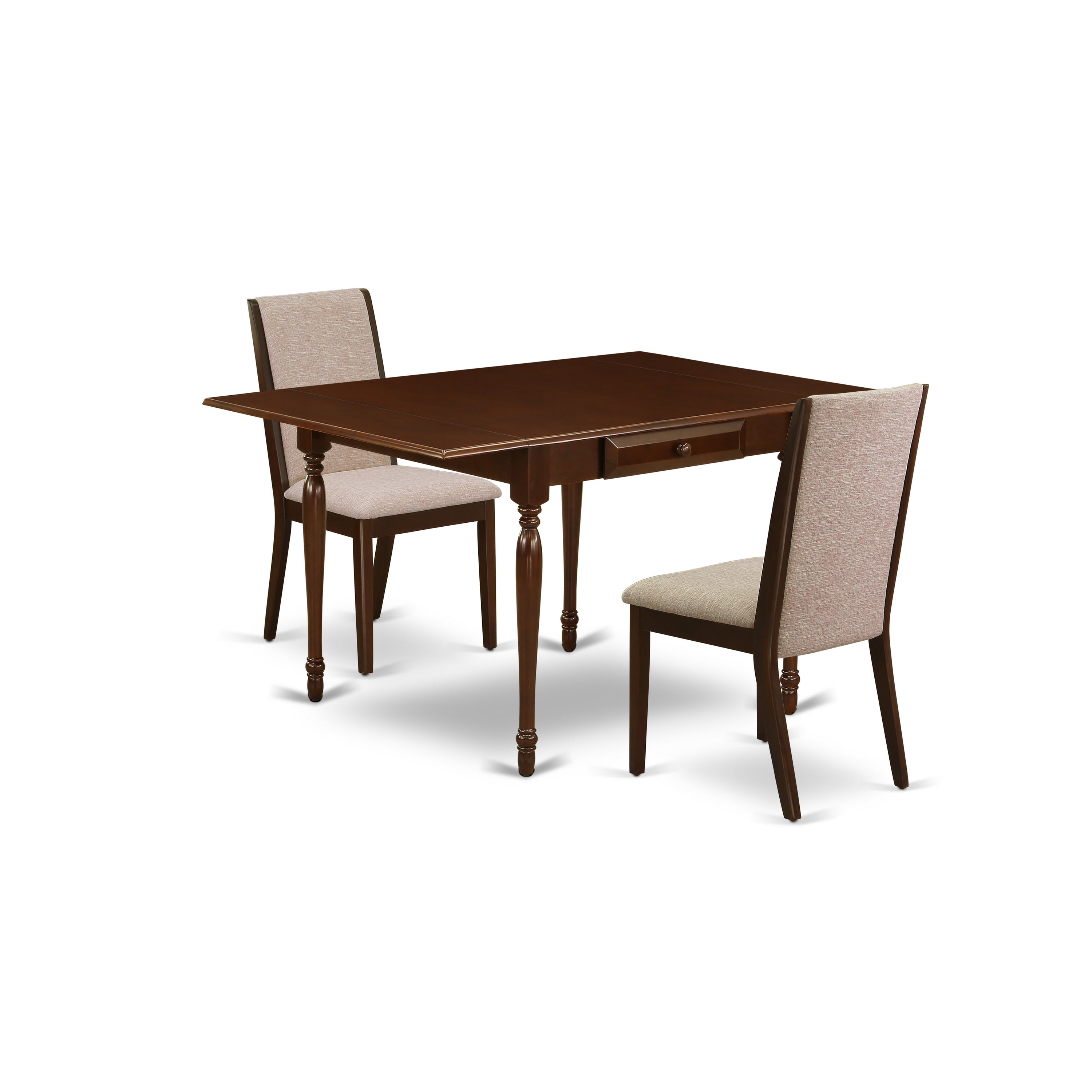 East West Furniture MZLA3-MAH-04 3-Piece Rectangular Kitchen Table Set Included a Drop Leaves Dining Room Table & 2 Dining Chairs, Light Tan Linen Fabric Modern Dining Chairs Seat with Rubber Wood Legs, Mahogany Finish
