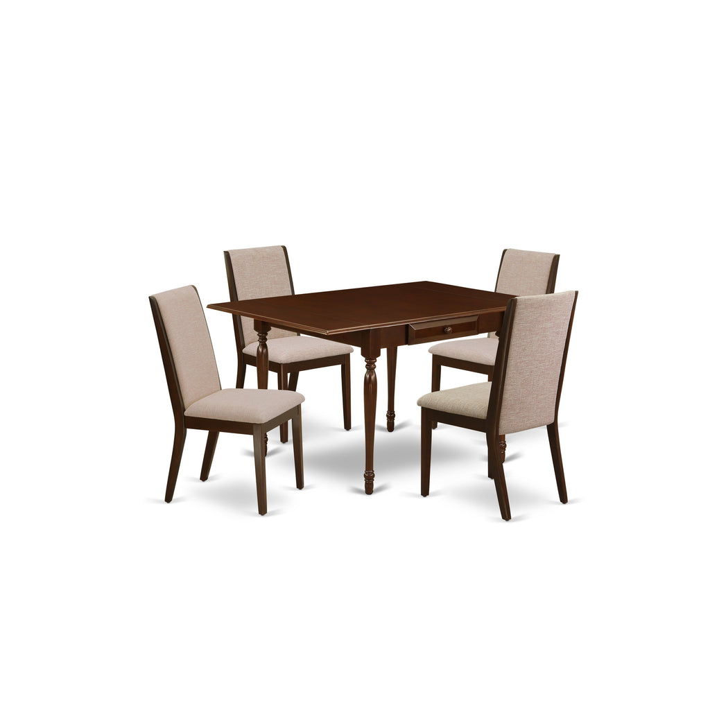Juego de comedor de 5 piezas East West Furniture MZLA5-MAH-04. Incluye una mesa de comedor rectangular con alas abatibles y 4 sillas tapizadas en tela de lino color tostado claro.