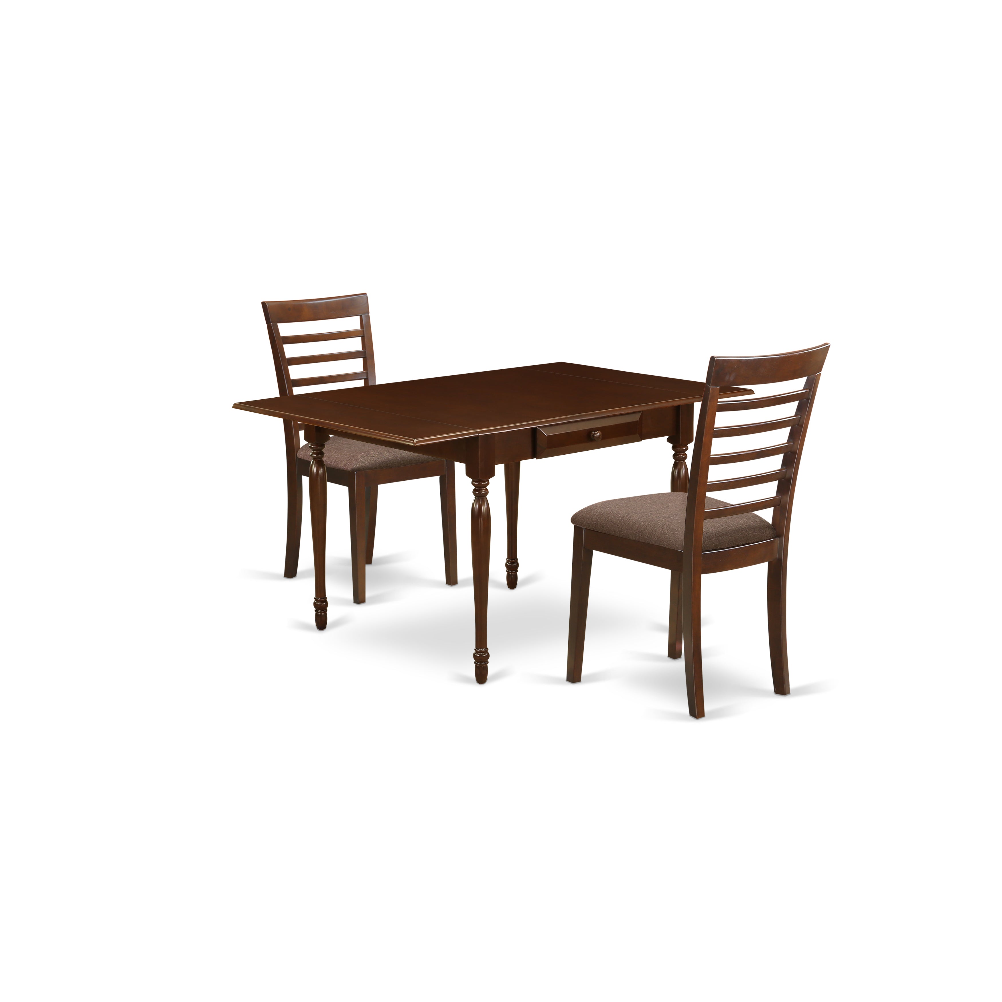 Juego de comedor de 3 piezas East West Furniture MZML3-MAH-C. Incluye una mesa de cocina rectangular con alas abatibles y dos sillas de comedor tapizadas en tela de lino.