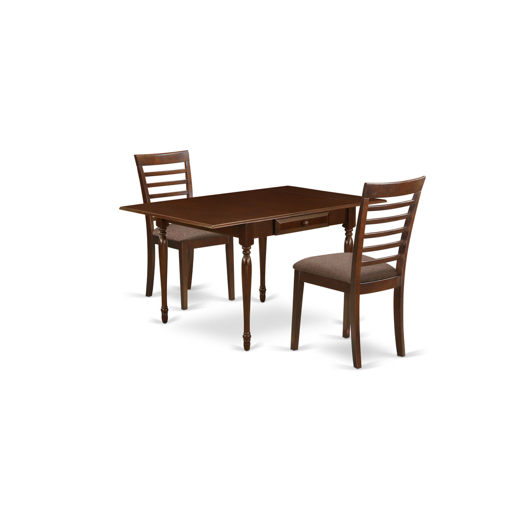 East West Furniture MZML3-MAH-C 3 Piece Dining Room Furniture Set Contains a Rectangle Kitchen Table with Dropleaf and 2 Linen Fabric Upholstered Dining Chairs