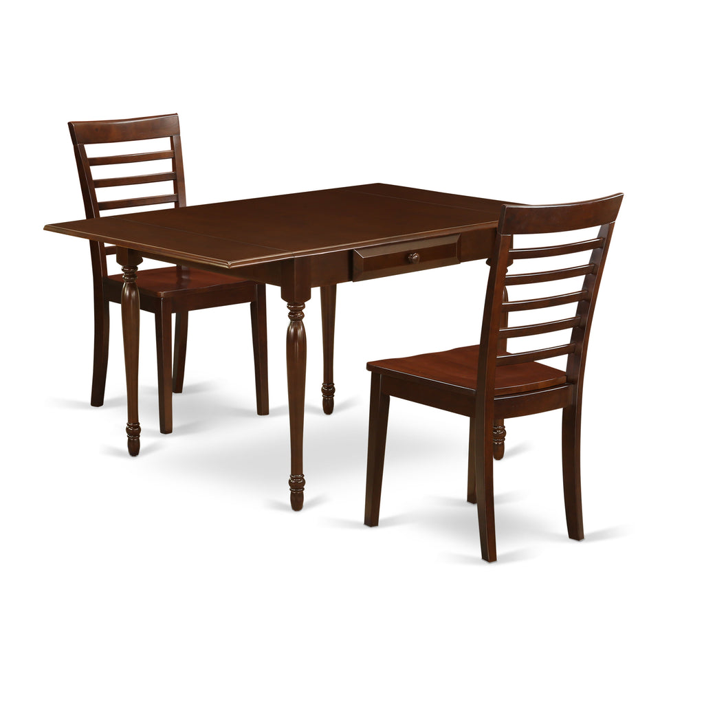 Juego de comedor de 3 piezas East West Furniture MZML3-MAH-W. Incluye una mesa de cocina rectangular con alas abatibles y 2 sillas de comedor.