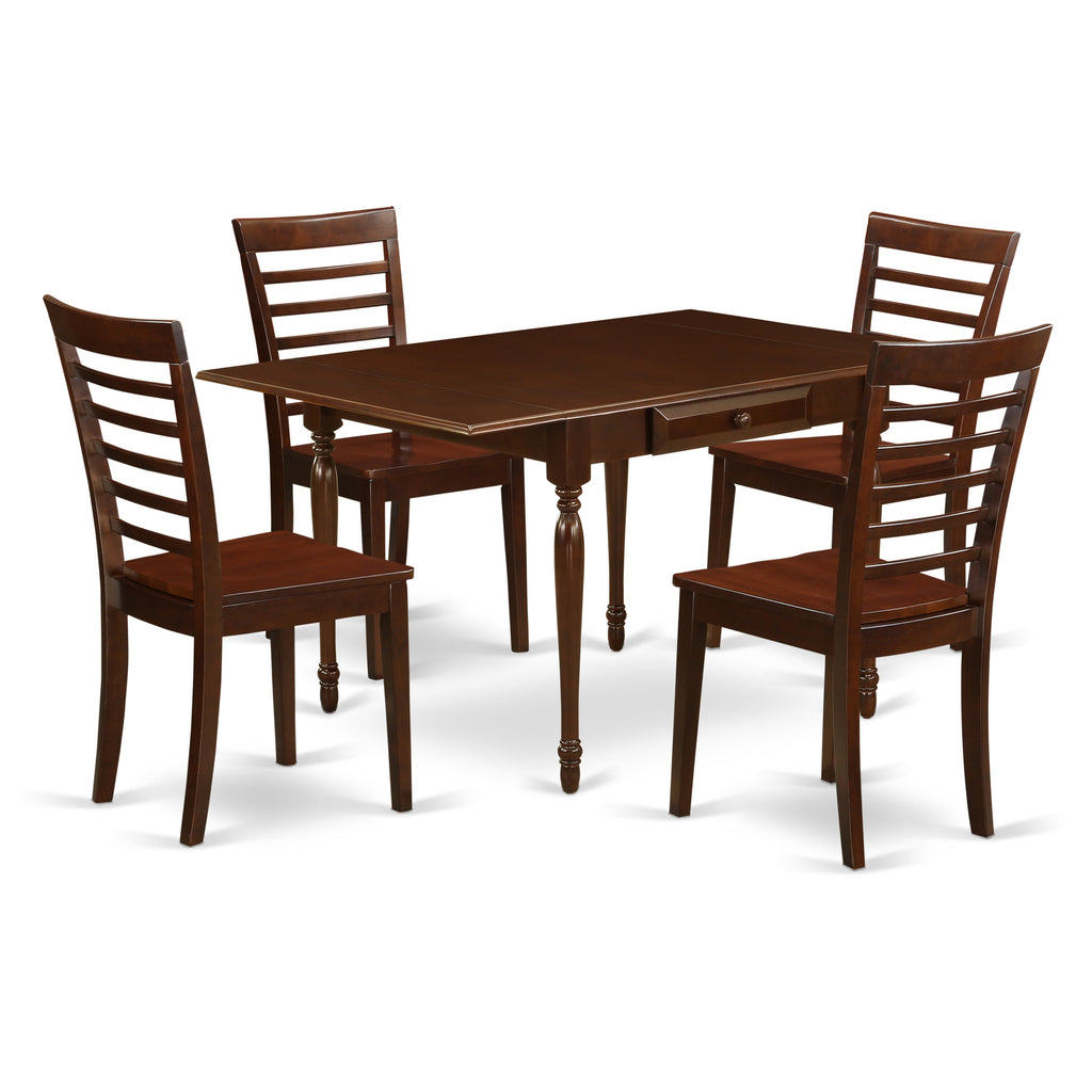 Juego de mesa y sillas de cocina de 5 piezas East West Furniture MZML5-MAH-W. Incluye una mesa de comedor rectangular con alas abatibles y 4 sillas de comedor.