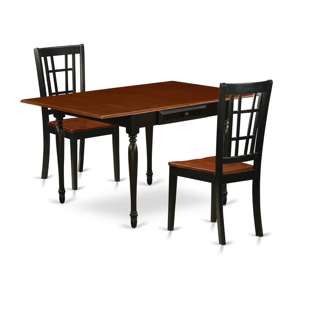Juego de mesa de comedor de 3 piezas East West Furniture MZNI3-BCH-W para espacios pequeños. Incluye una mesa de comedor rectangular con alas abatibles y dos sillas con asiento de madera.