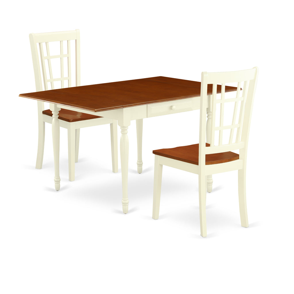 Juego de mesa de comedor moderna de 3 piezas East West Furniture MZNI3-WHI-W. Incluye una mesa rectangular de madera con alas abatibles y 2 sillas de comedor de cocina.