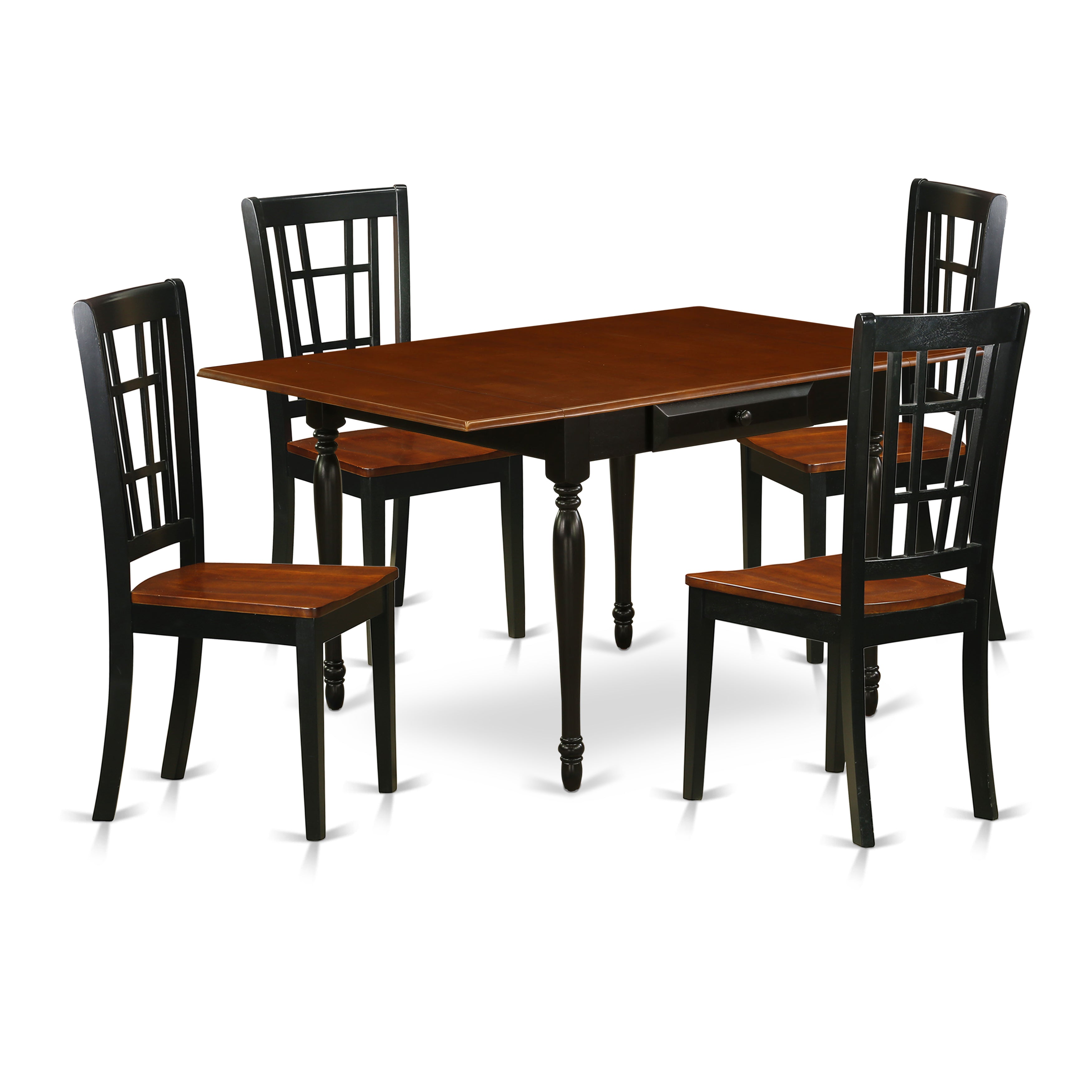 East West Furniture MZNI5-BCH-W 5 Pieces Dining Room set - Strong Drop Leaf Wooden Dining Table and 4 Wooden Seat Dinette Chairs, Black and Cherry Finish