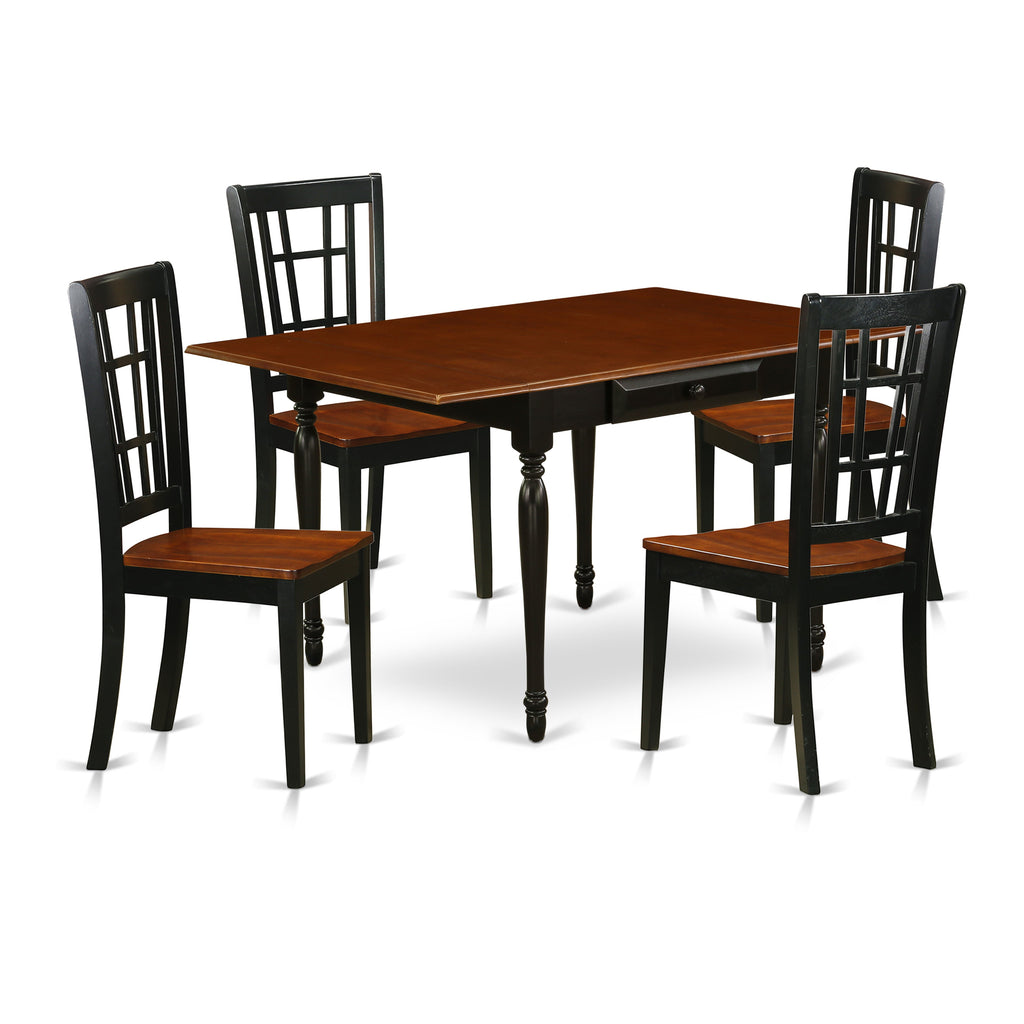 Juego de mesa de cocina de 5 piezas East West Furniture MZNI5-BCH-W para 4 personas. Incluye una mesa de comedor rectangular con alas abatibles y 4 sillas con asiento de madera maciza.