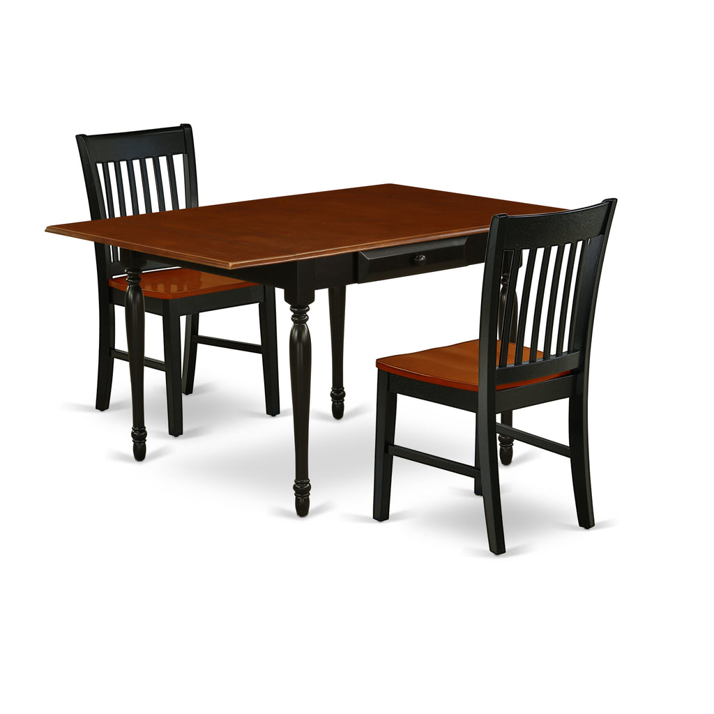 Juego de mesa de comedor de 3 piezas East West Furniture MZNO3-BCH-W para espacios pequeños. Incluye una mesa de comedor rectangular con alas abatibles y dos sillas con asiento de madera.