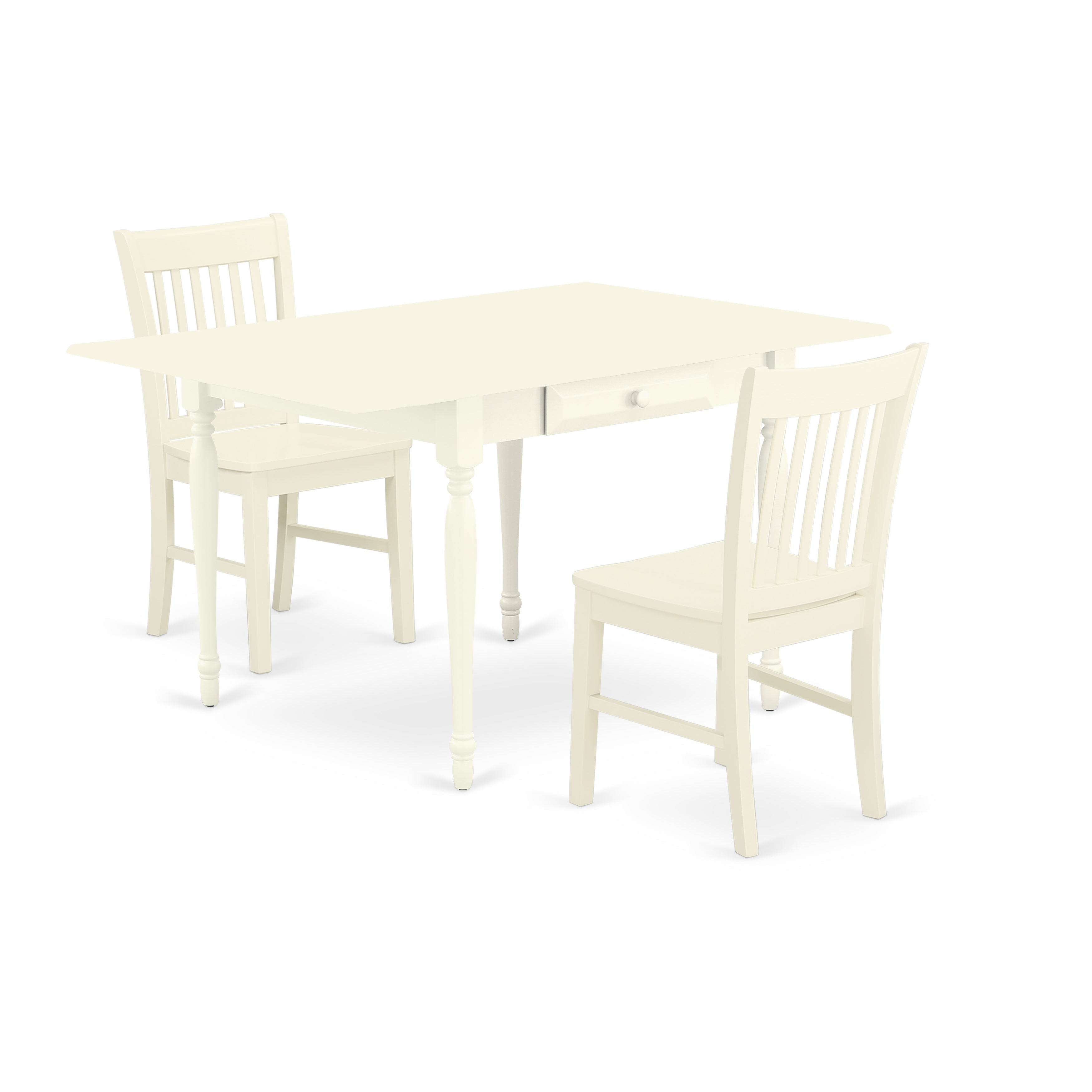 East West Furniture MZNO3-LWH-W 3 Pieces Dining Kitchen Table set - Strong Drop Leaf Hardwood Rectangular Table and 2 Solid Wood Seat Modern Dining Chairs, Linen White Finish