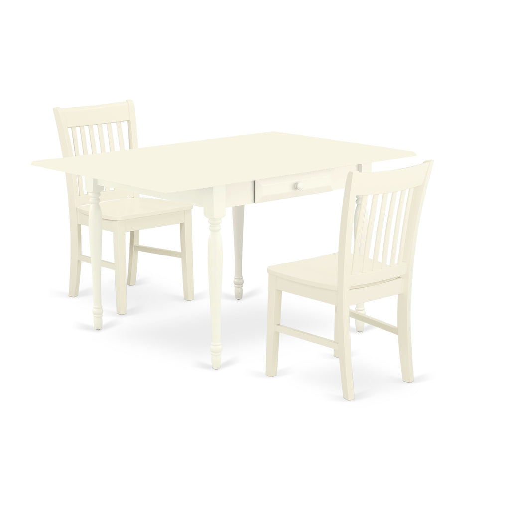 Juego de mesa de cocina de 3 piezas East West Furniture MZNO3-LWH-W para espacios pequeños. Incluye una mesa de comedor rectangular con alas abatibles y dos sillas con asiento de madera maciza.