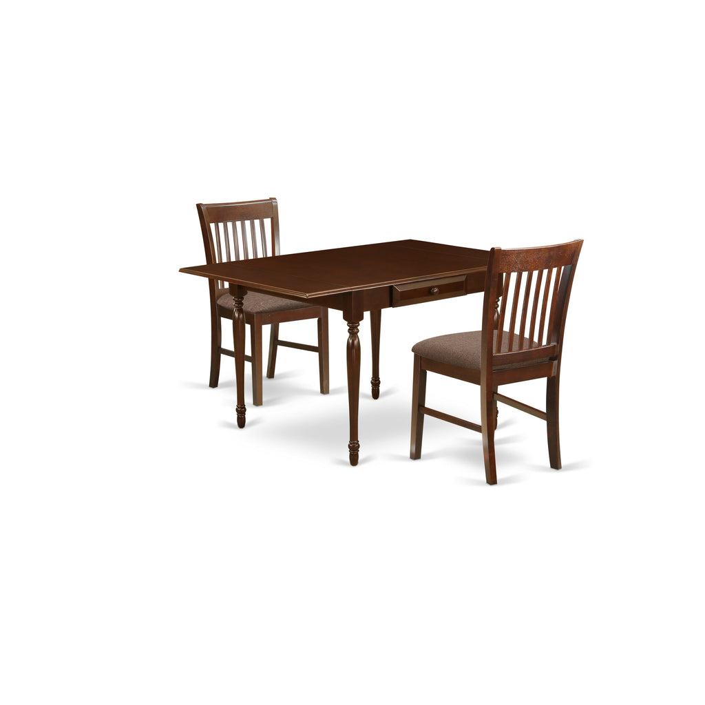 Juego de comedor de 3 piezas East West Furniture MZNO3-MAH-C para espacios pequeños. Incluye una mesa de comedor rectangular con alas abatibles y 2 sillas de comedor de tela de lino.