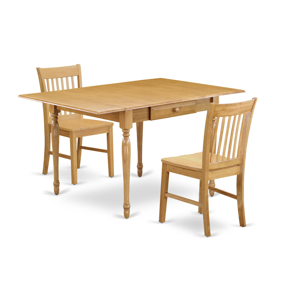 Juego de mesa de cocina de 3 piezas East West Furniture MZNO3-OAK-W para espacios pequeños. Incluye una mesa de comedor rectangular con alas abatibles y dos sillas con asiento de madera maciza.