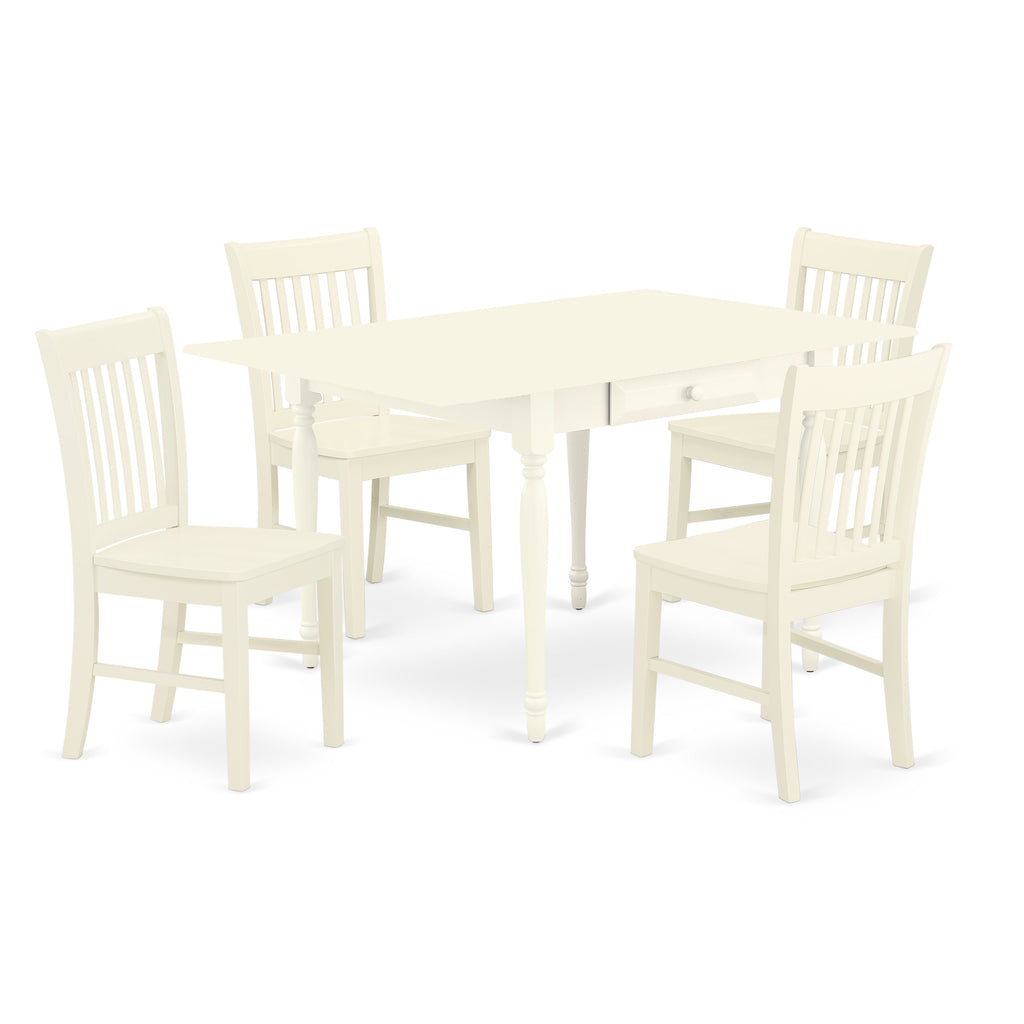 Juego de mesa y sillas de cocina de 5 piezas East West Furniture MZNO5-LWH-W. Incluye una mesa de comedor rectangular con alas abatibles y 4 sillas de comedor.