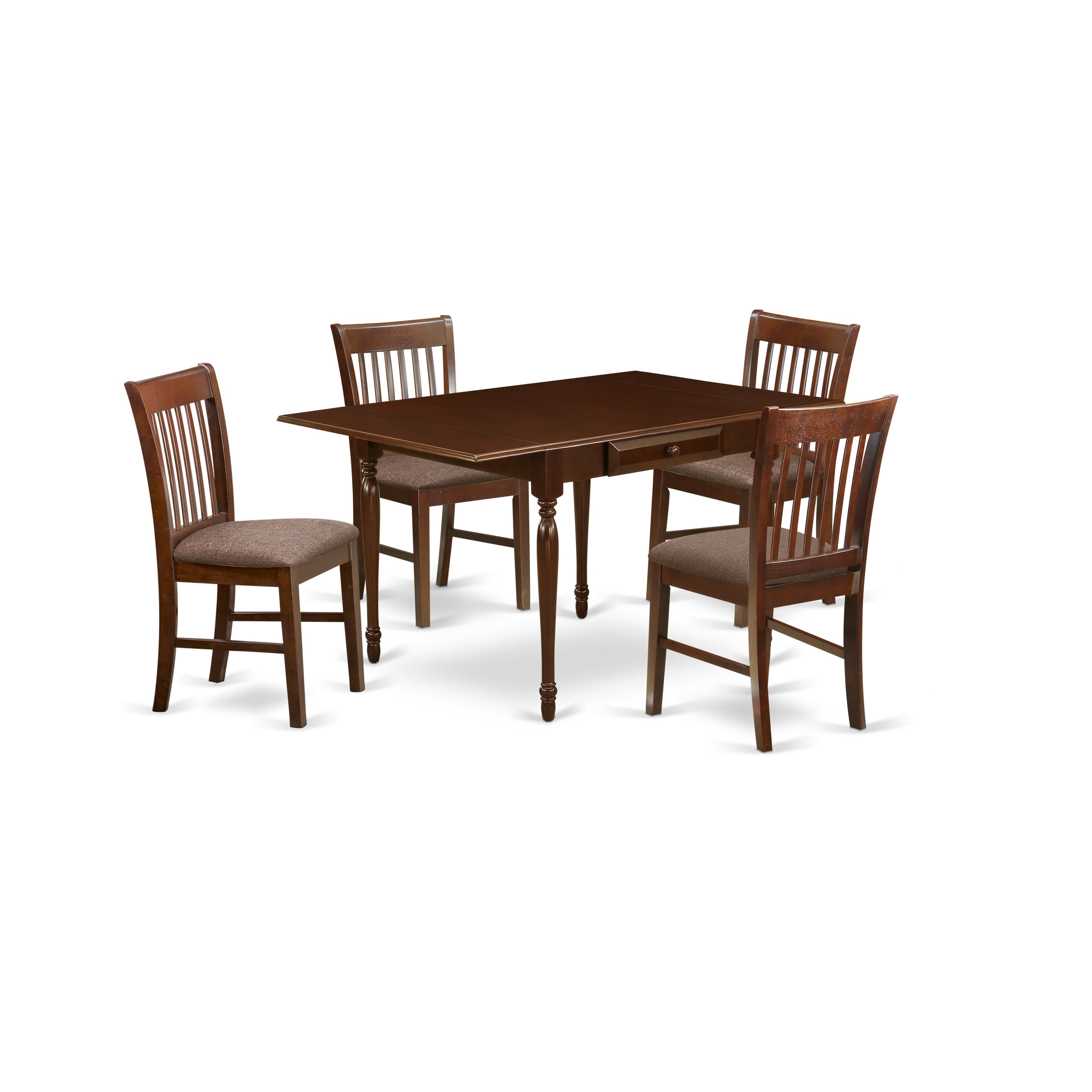 East West Furniture MZNO5-MAH-C 5 Pieces Dining Room Table set - Robust Two 9-Inch Drop Down Leaves Real Wood Dinette Table and 4 Chocolate Linen Fabic Seat Wooden Dining Chairs, Mahogany Finish