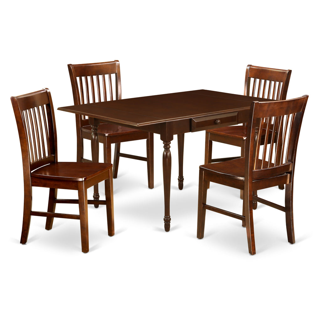 East West Furniture MZNO5-MAH-W 5 Piece Dining Set Includes a Rectangle Dining Room Table with Dropleaf and 4 Kitchen Chairs