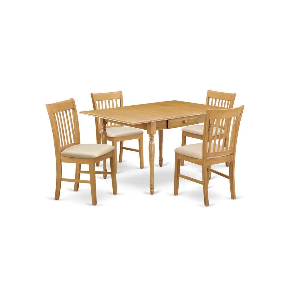 Juego de mesa de cocina de 5 piezas East West Furniture MZNO5-OAK-C para 4 personas. Incluye una mesa de comedor rectangular con alas abatibles y 4 sillas tapizadas en tela de lino.