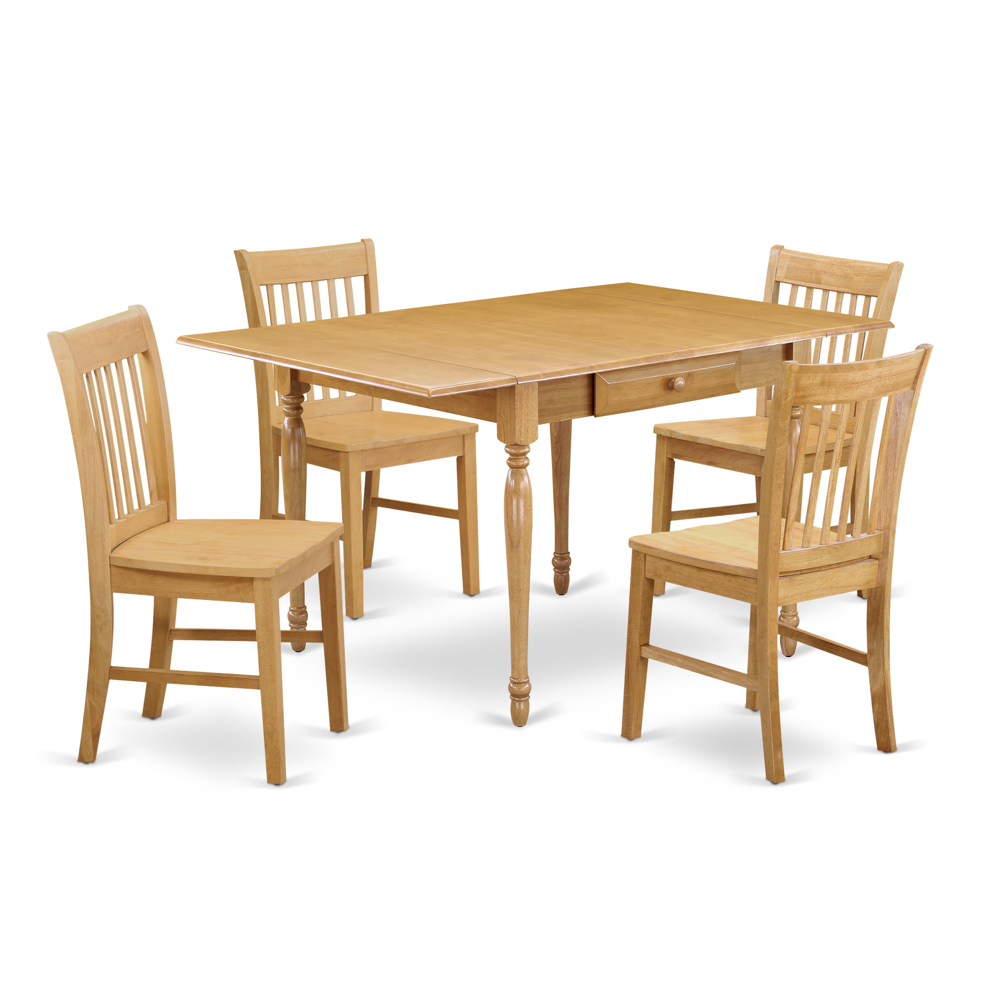 East West Furniture MZNO5-OAK-W 5 Pieces Modern Dining Table set - Strong Drop Leaf Solid Wood Dining Table and 4 Real Wood Seat Dining Room Chairs, Oak Finish