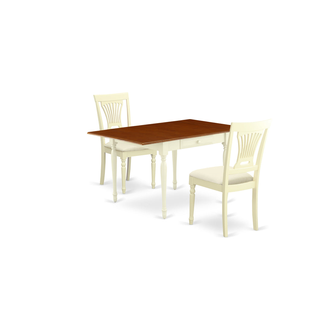 Juego de mesa de comedor de 3 piezas East West Furniture MZPL3-WHI-C para espacios pequeños. Contiene una mesa rectangular de madera con alas abatibles y 2 sillas tapizadas en tela de lino.
