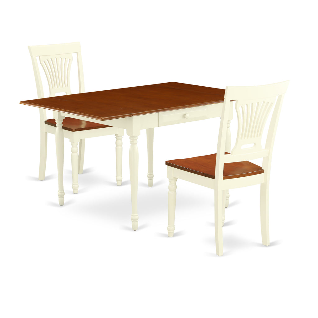 East West Furniture MZPL3-WHI-W 3 Piece Dining Room Table Set  Contains a Rectangle Kitchen Table with Dropleaf and 2 Dining Chairs, 36x54 Inch, Buttermilk & Cherry