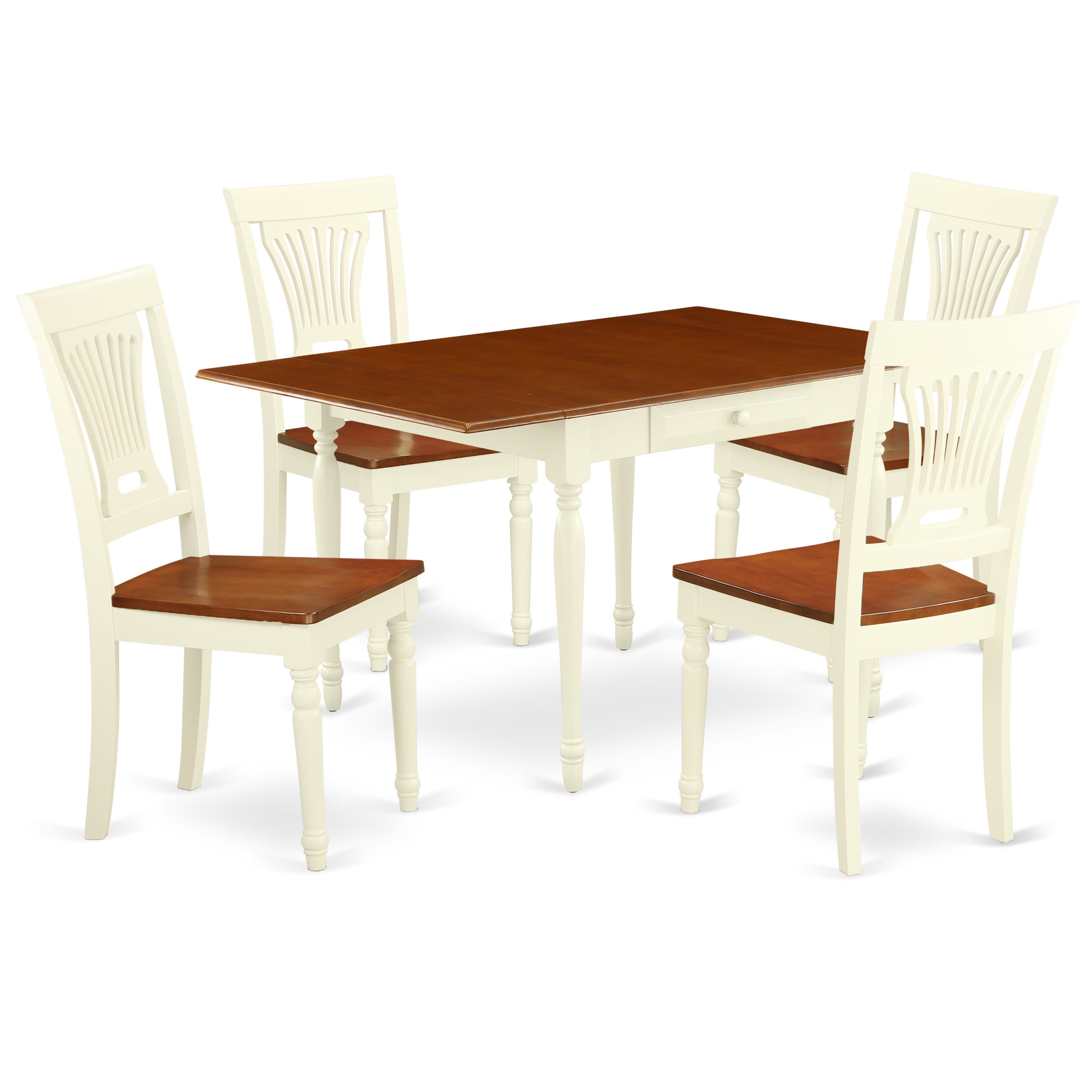 Juego de comedor de 5 piezas East West Furniture MZPL5-WHI-W para 4 personas. Incluye una mesa de comedor rectangular con alas abatibles y 4 sillas de comedor.
