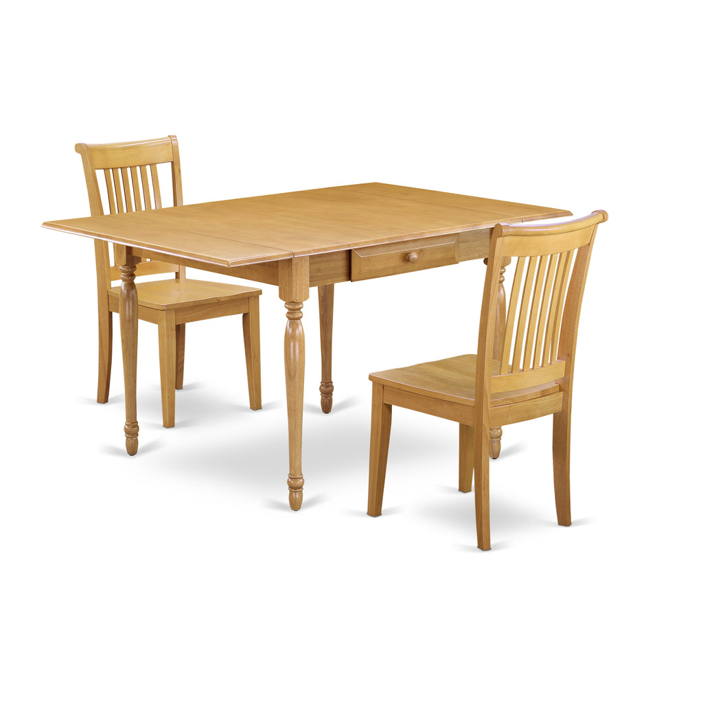 East West Furniture MZPO3-OAK-W 3 Piece Modern Dining Table Set Contains a Rectangle Wooden Table with Dropleaf and 2 Dining Chairs