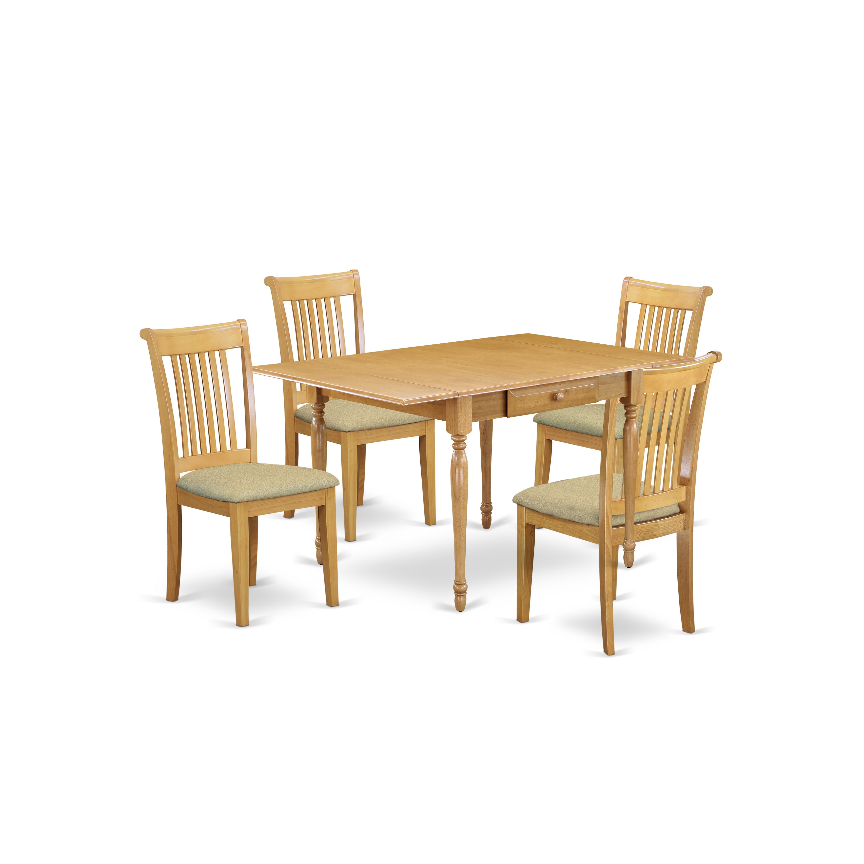 East West Furniture MZPO5-OAK-C 5 Pieces Dining Table set - Robust Two 9-Inch Drop Down Leaves Hardwood Wood Table and 4 Linen Fabic Seat Dining Chairs, Oak Finish