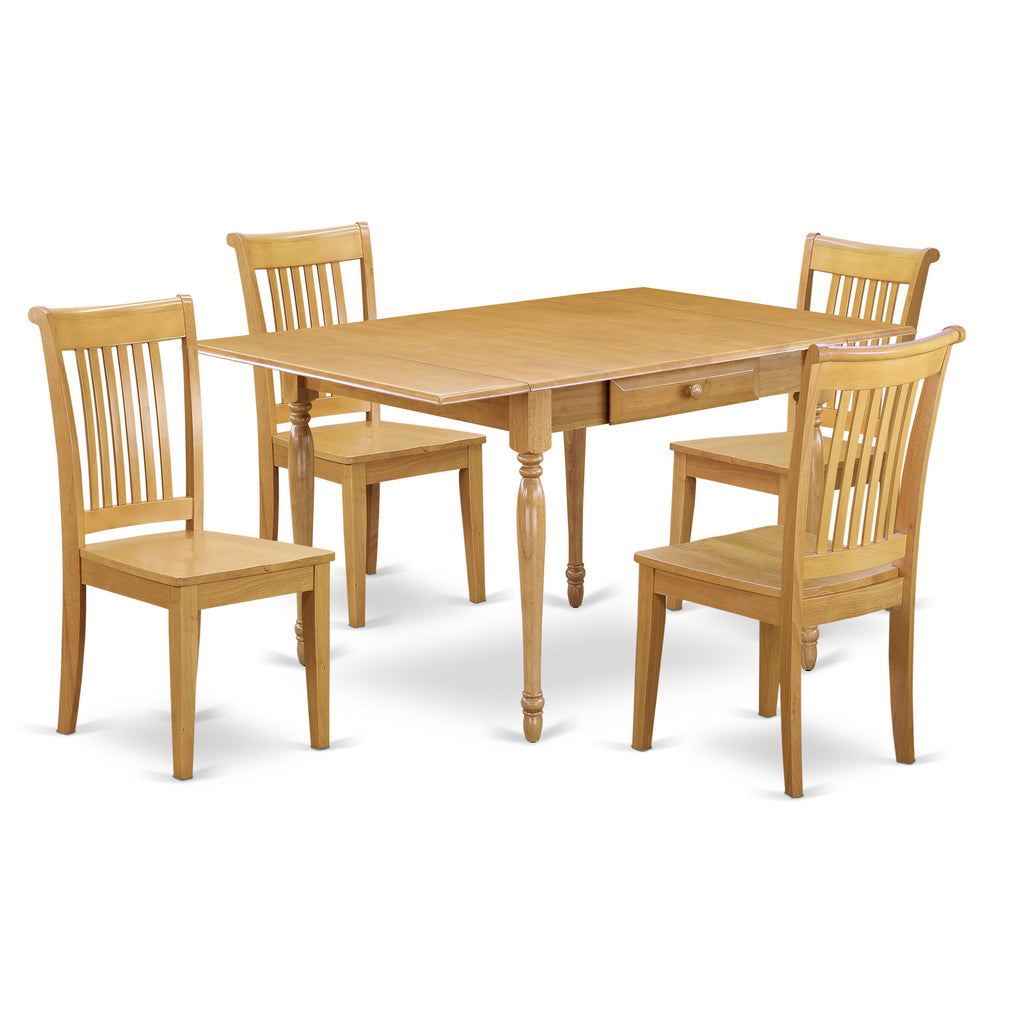 East West Furniture MZPO5-OAK-W 5 Piece Dining Room Table Set Includes a Rectangle Kitchen Table with Dropleaf and 4 Dining Chairs