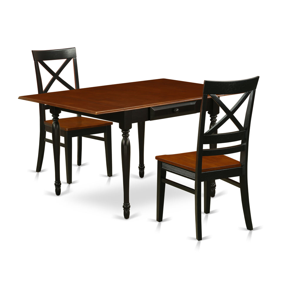 Juego de mesa de cocina de 3 piezas East West Furniture MZQU3-BCH-W para espacios pequeños. Contiene una mesa de comedor rectangular con alas abatibles y 2 sillas de comedor.