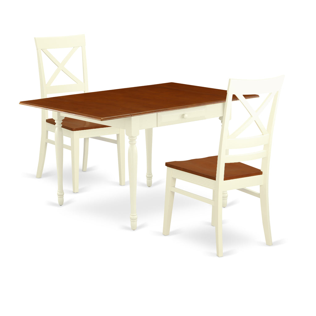 East West Furniture MZQU3-WHI-W 3 Piece Dining Room Table Set  Contains a Rectangle Kitchen Table with Dropleaf and 2 Dining Chairs, 36x54 Inch, Buttermilk & Cherry