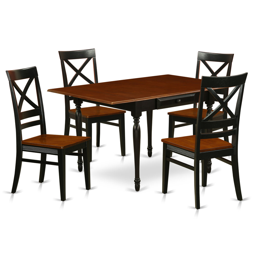 El juego de comedor de 5 piezas East West Furniture MZQU5-BCH-W incluye una mesa de comedor rectangular con alas abatibles y 4 sillas con asiento de madera.