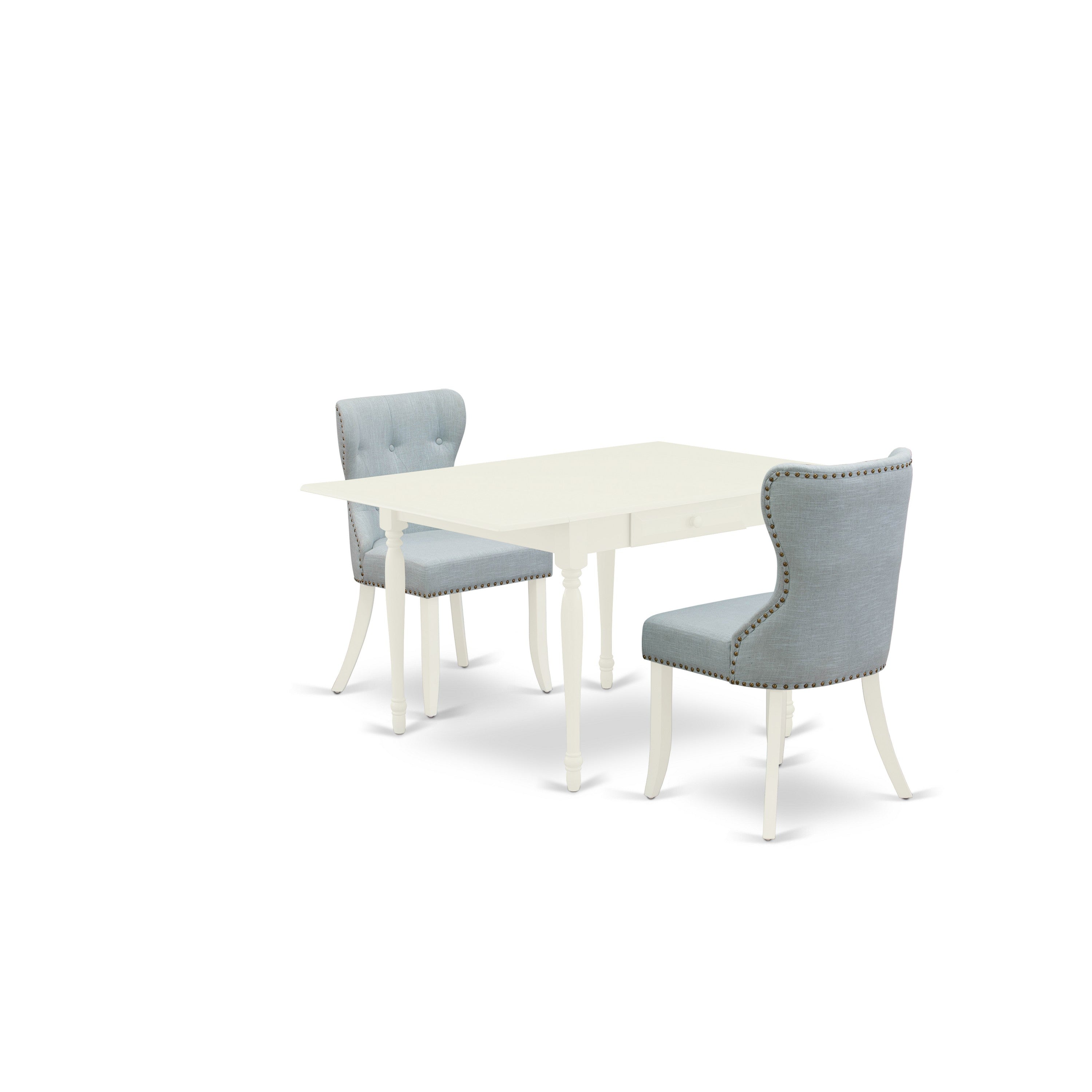 Juego de mesa de comedor de 3 piezas East West Furniture MZSI3-LWH-15. Incluye una mesa de comedor rectangular con alas abatibles y dos sillas Parsons de tela de lino azul bebé.