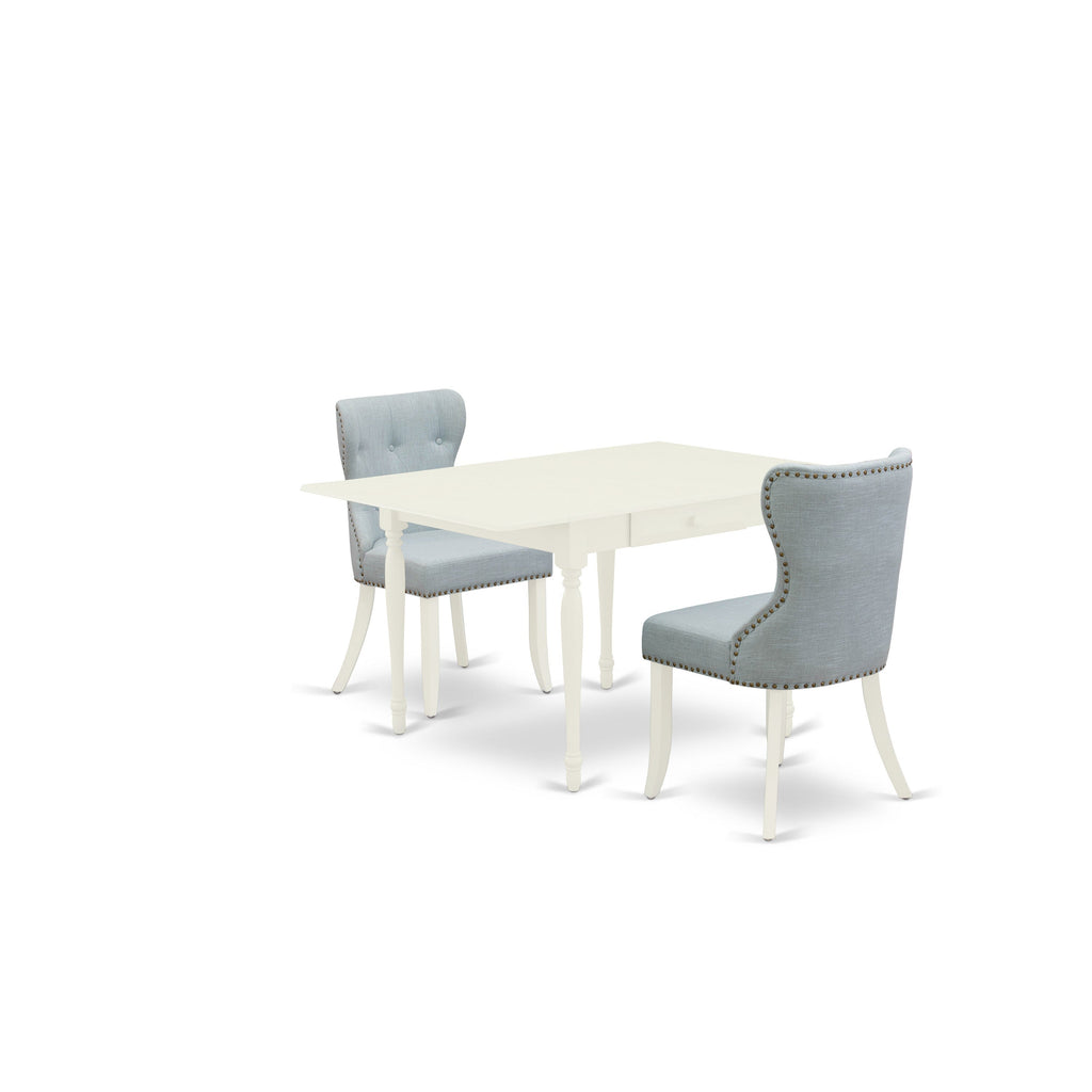 East West Furniture MZSI3-LWH-15 3 Piece Dining Table Set Contains a Rectangle Dining Room Table with Dropleaf and 2 Baby Blue Linen Fabric Parsons Chairs