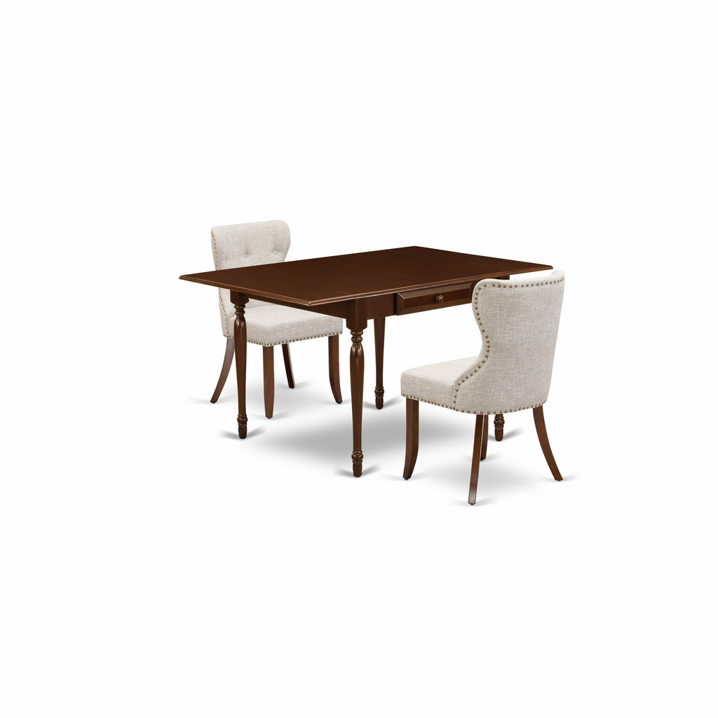 East West Furniture MZSI3-MAH-35 3 Piece Kitchen Table Set Contains a Rectangle Dining Room Table with Dropleaf and 2 Doeskin Linen Fabric Parson Dining Chairs