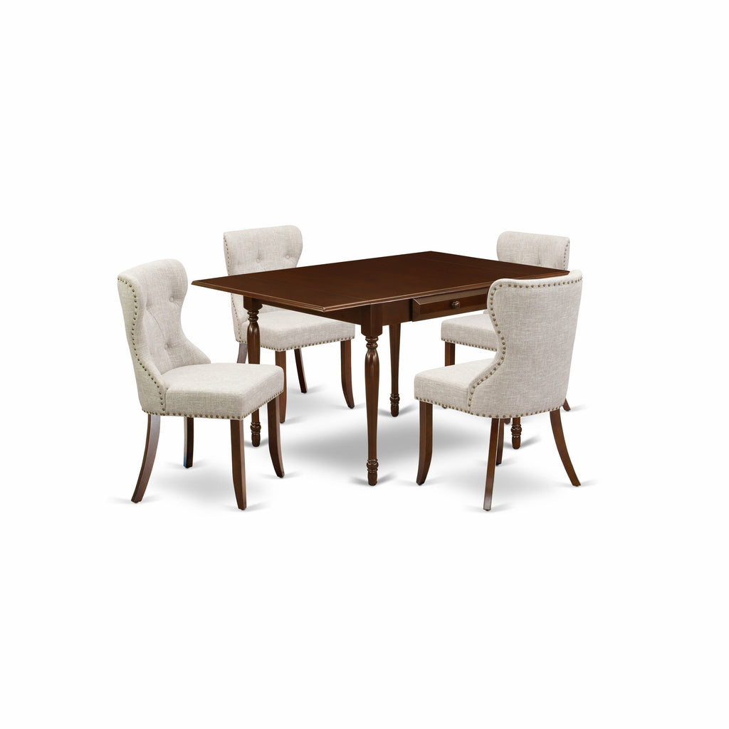 El juego de comedor de 5 piezas East West Furniture MZSI5-MAH-35 incluye una mesa de comedor rectangular con alas abatibles y 4 sillas Parsons de tela de lino y piel de venado.